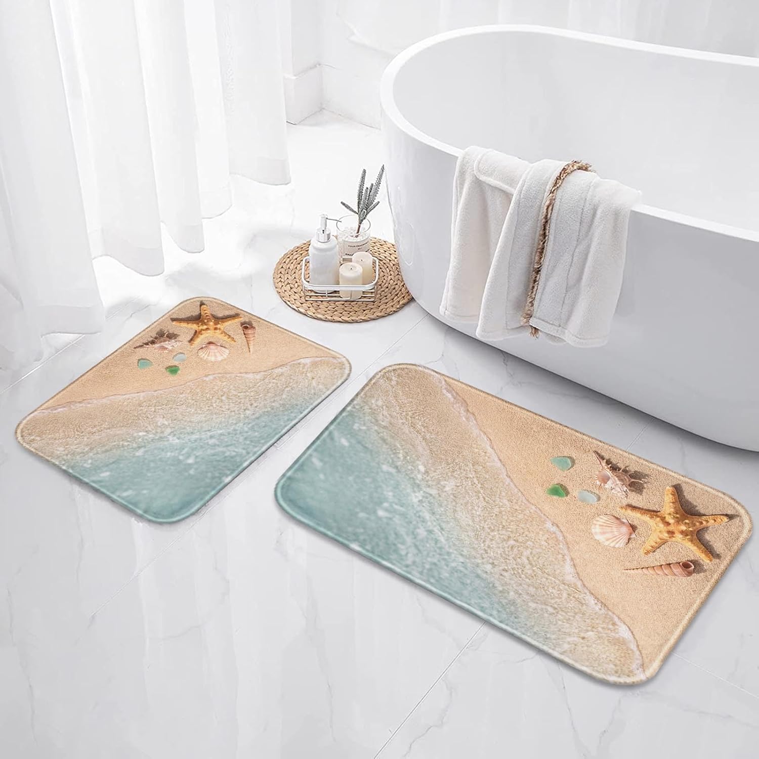 Britimes Beach Starfish Sea Shell Ocean Bathroom Rug Mat Set of 2, Washable Cover Floor Rug Carpets Floor Bath Mat Bathroom Decorations 16x24 and 20x32 Inches