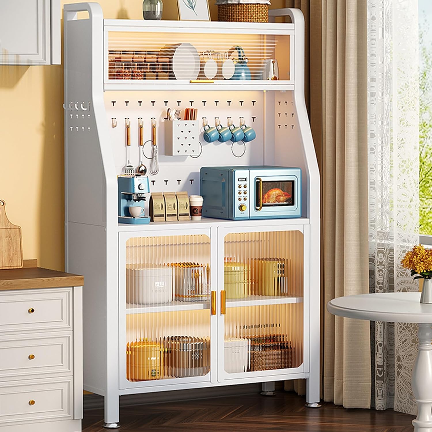 5-Tier Microwave Stand with Storage and Cabinets, Metal Kitchen Baker's Rack, Sturdy Microwave Oven Rack for Home, Garage, Pantry, Ideal for Spices and Organization