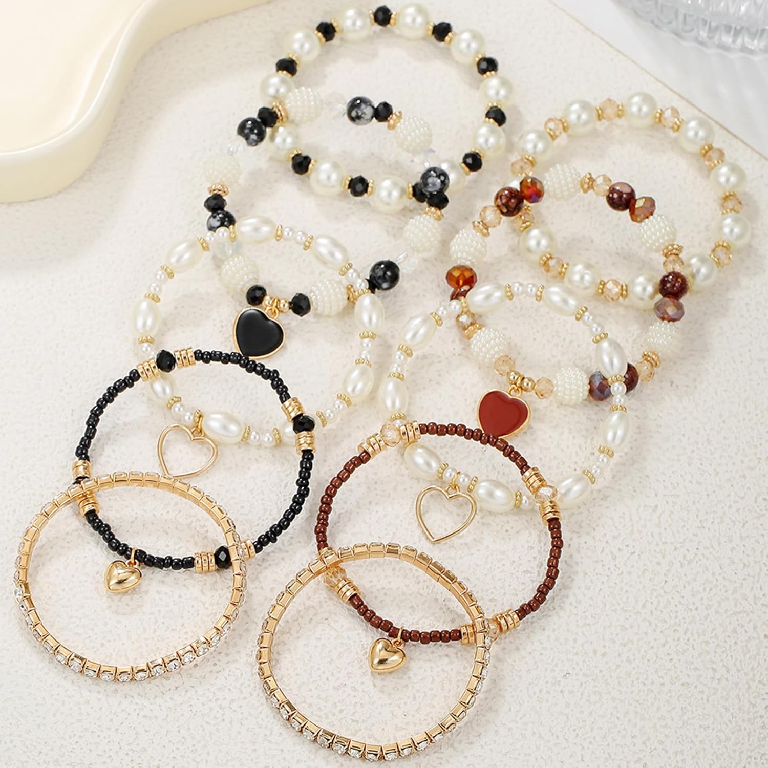 Bohemian Multilayered Faux Pearl Beaded Heart Pendant Crystal Zircon Stackable Multicolor Bracelets Set for Women Handmade Friendship Summer Beach Stretch Bangle Jewelry - Image 3