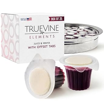 TrueVine Elements Cup - Prefilled Communion Cups and Wafer Set, Offset Tabs, Juice & Crispy Wafer, Sealed for Freshness, Holy Communion Bread and Juice for Church & Worship Gatherings Box of 25