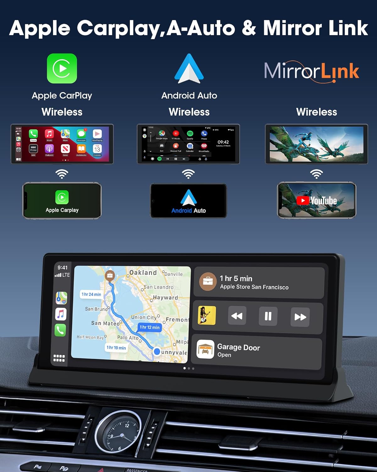 Screenshots showing Apple Carplay, Android Auto, and Mirror Link interfaces on the Jelkuz screen