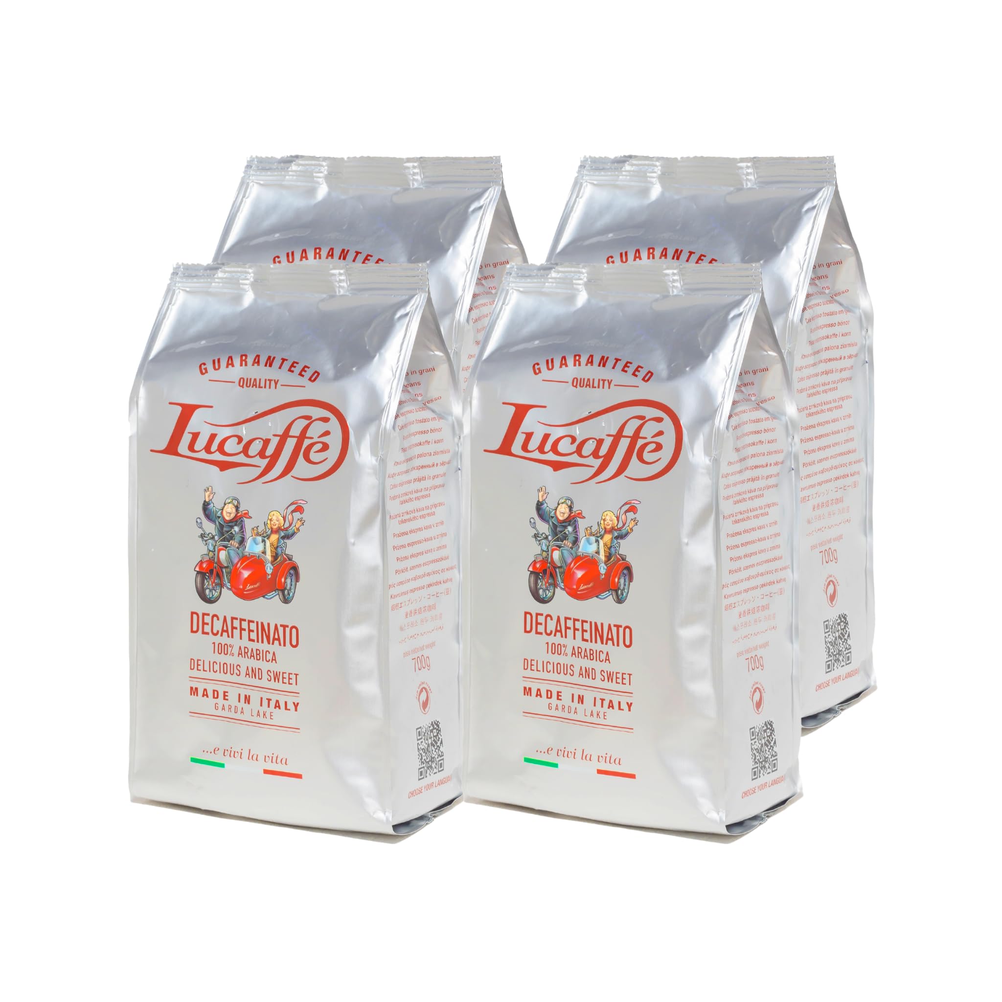 Lucaffé - Cafe en grano natural Decaffeinato, 4 bolsas de 700 Gr | Café en grano de especialidad italiana para espresso descafeinado | Tueste oscuro | Sabor dulce y afrutado, cremoso | Aroma intenso
