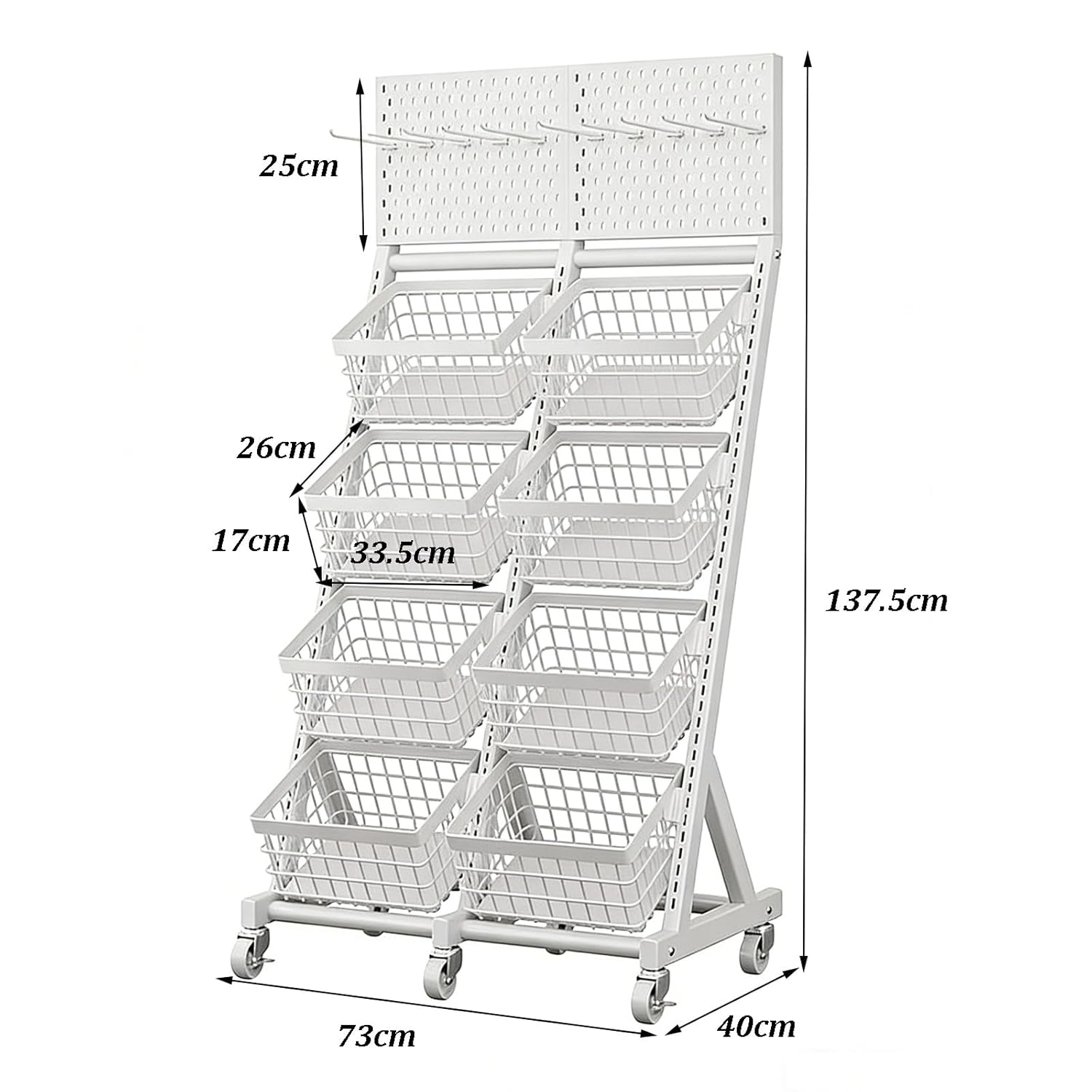 Snack Rack Display Stand with Wheels, Free-Standing Retail Display Shelves with Hook, Adjustable Shelf Height, Fruit Vegetable Stand Organizer for Store Kitchen Market(White)