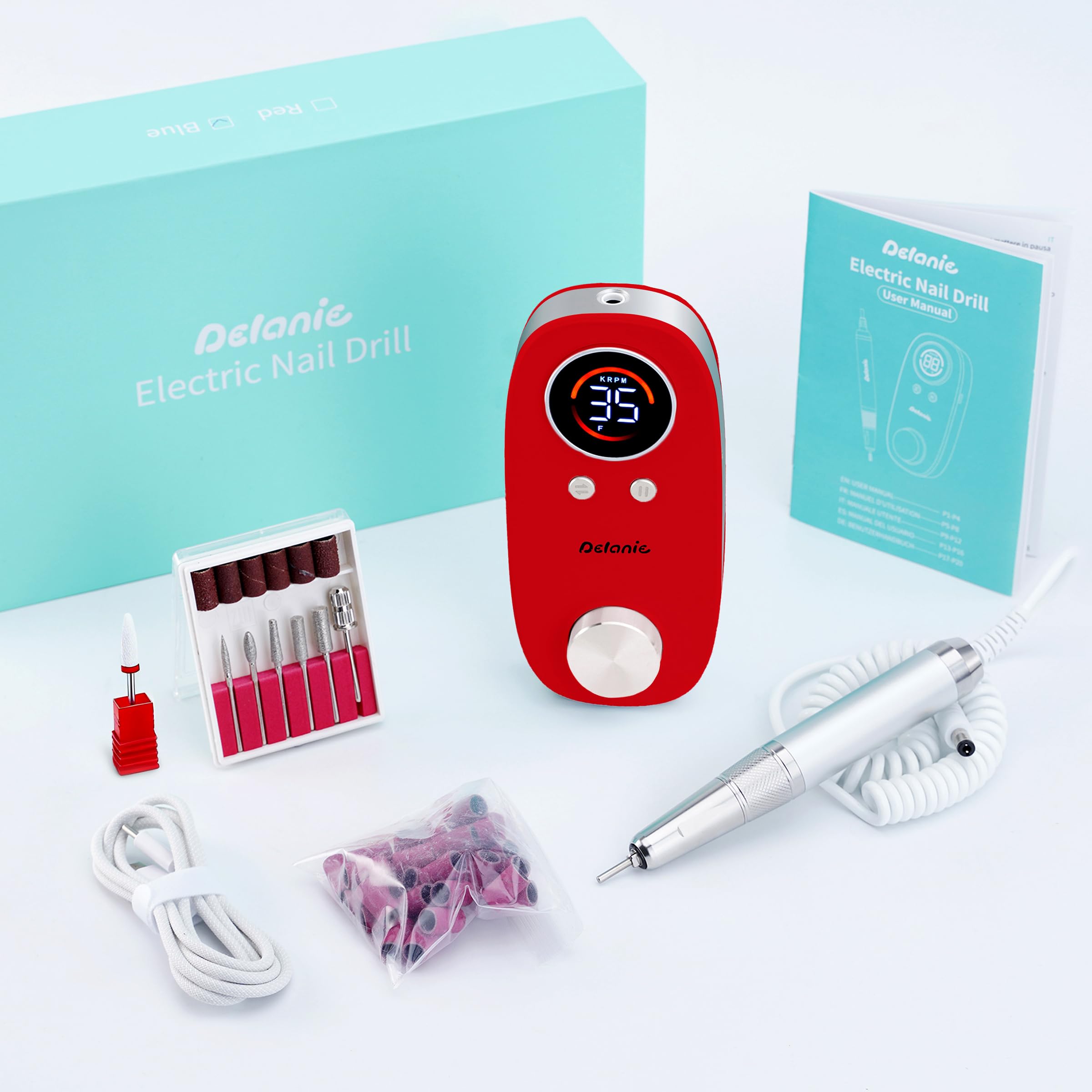 Delanie Torno para Uña con motor sin núcleo profesional de 35 000 rpm, inalámbrica recargable de 5000 mAh con pausa Bonton para manicura y pedicura, incluye 7 puntas y 36 bandas abrasivas, rojo