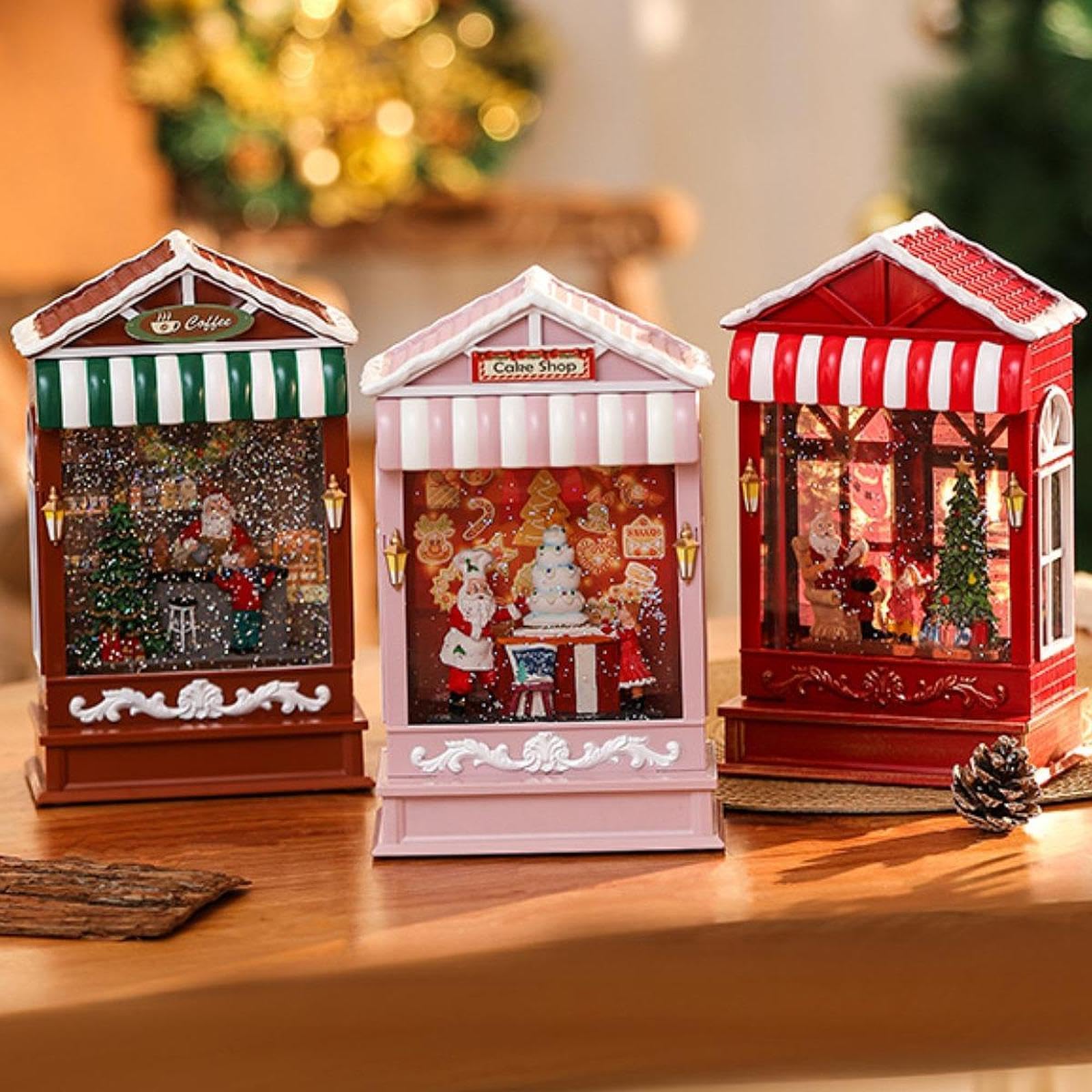 Milageto Globo di Neve di Natale Carillon di Natale Decorazione con Glitter Luminosi Ornamento di Natale Lanterna di Natale per Regalo di Festa al Chiuso, Rosso