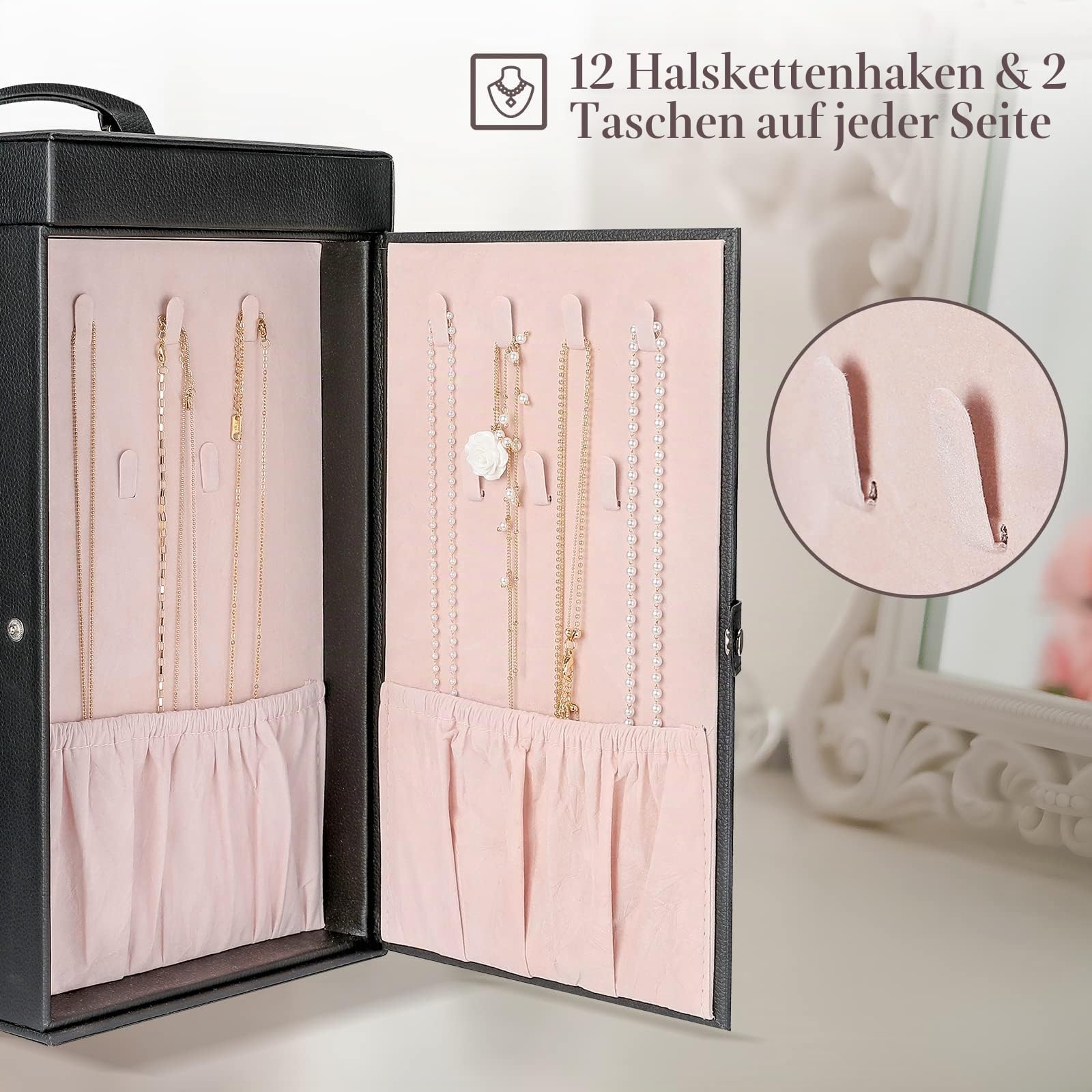 ProCase Große Schmuckkästchen, 6 Schichten Schmuckbox Schmuckkasten Schmuckschatulle, Schmuck Aufbewahrung Box mit Ohrringhalter Schubladen und Uhrenkissen, Jewelry Organizer Box -Schwarz