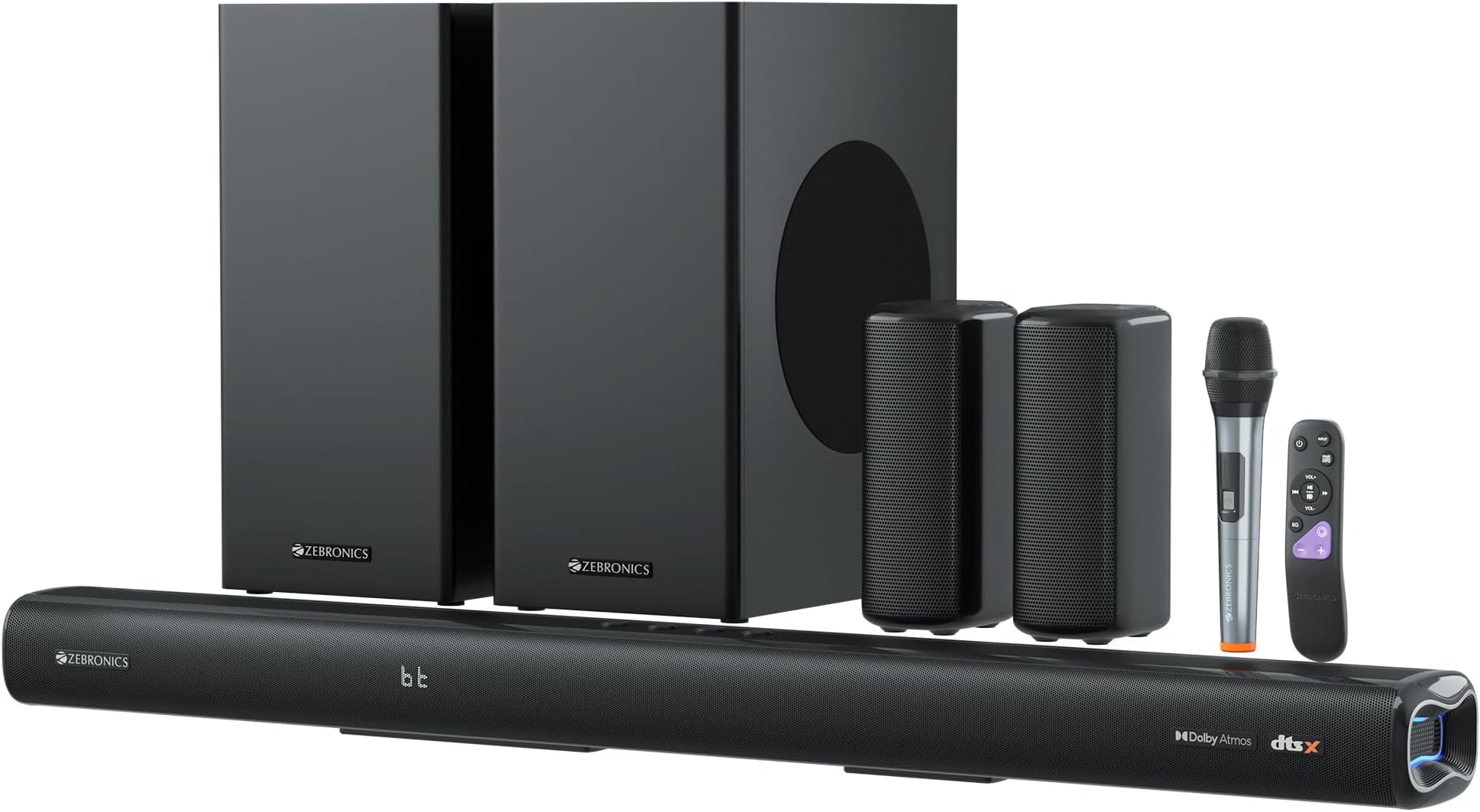 Juke BAR 9900 Soundbar, 725 Watts, DTS X, Dolby Atmos, 5.2.4 CH, 2X Wireless (Subwoofer & Satellites), BT v5.3 | HDMI eARC | Optical in | AUX | USB, RGB LED, Wireless UHF Mic, Deep Bass
