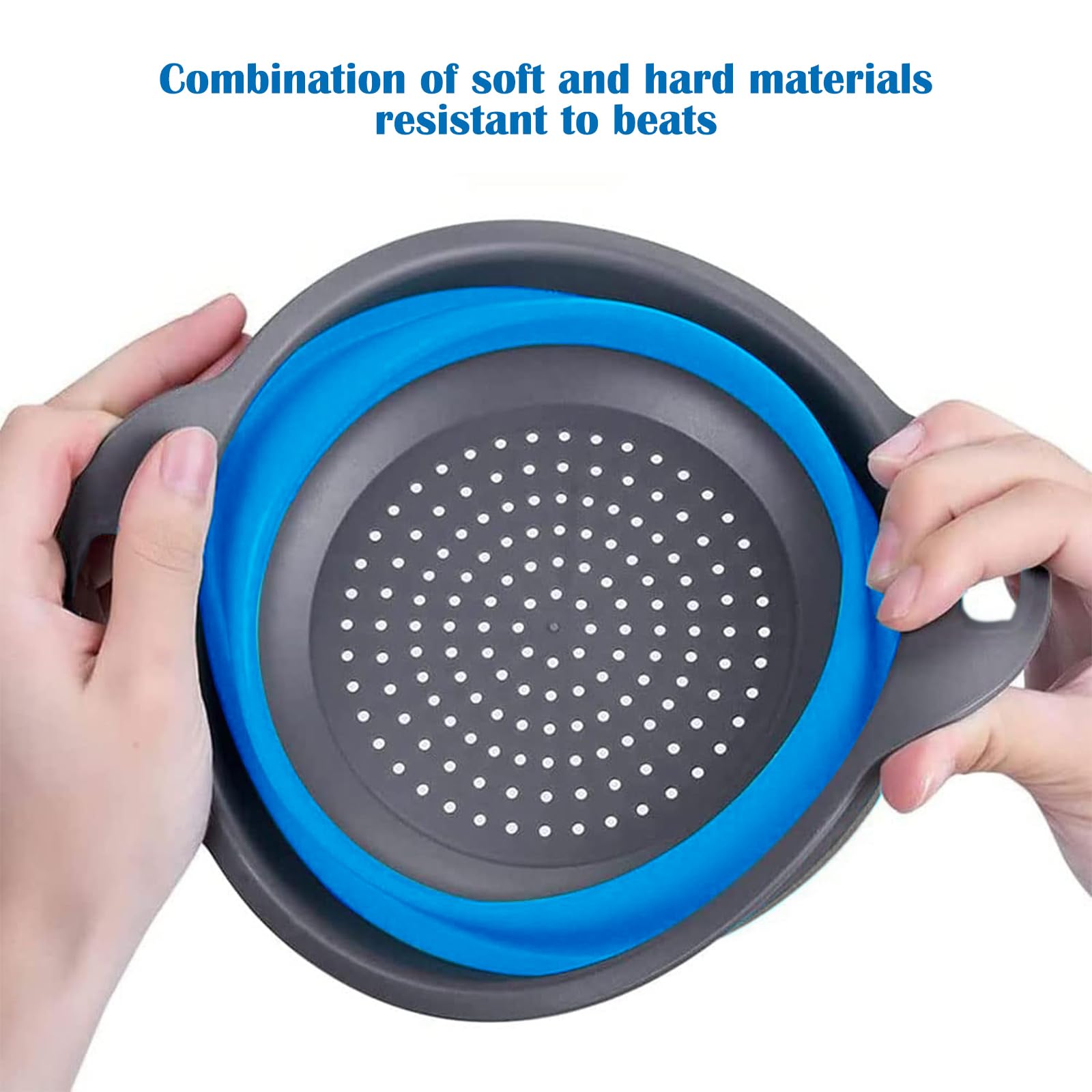 Colador plegable, juego de 2 coladores plegables, cocina que ahorra espacio, colador plegable de silicona de grado alimenticio con mango (azul) 5