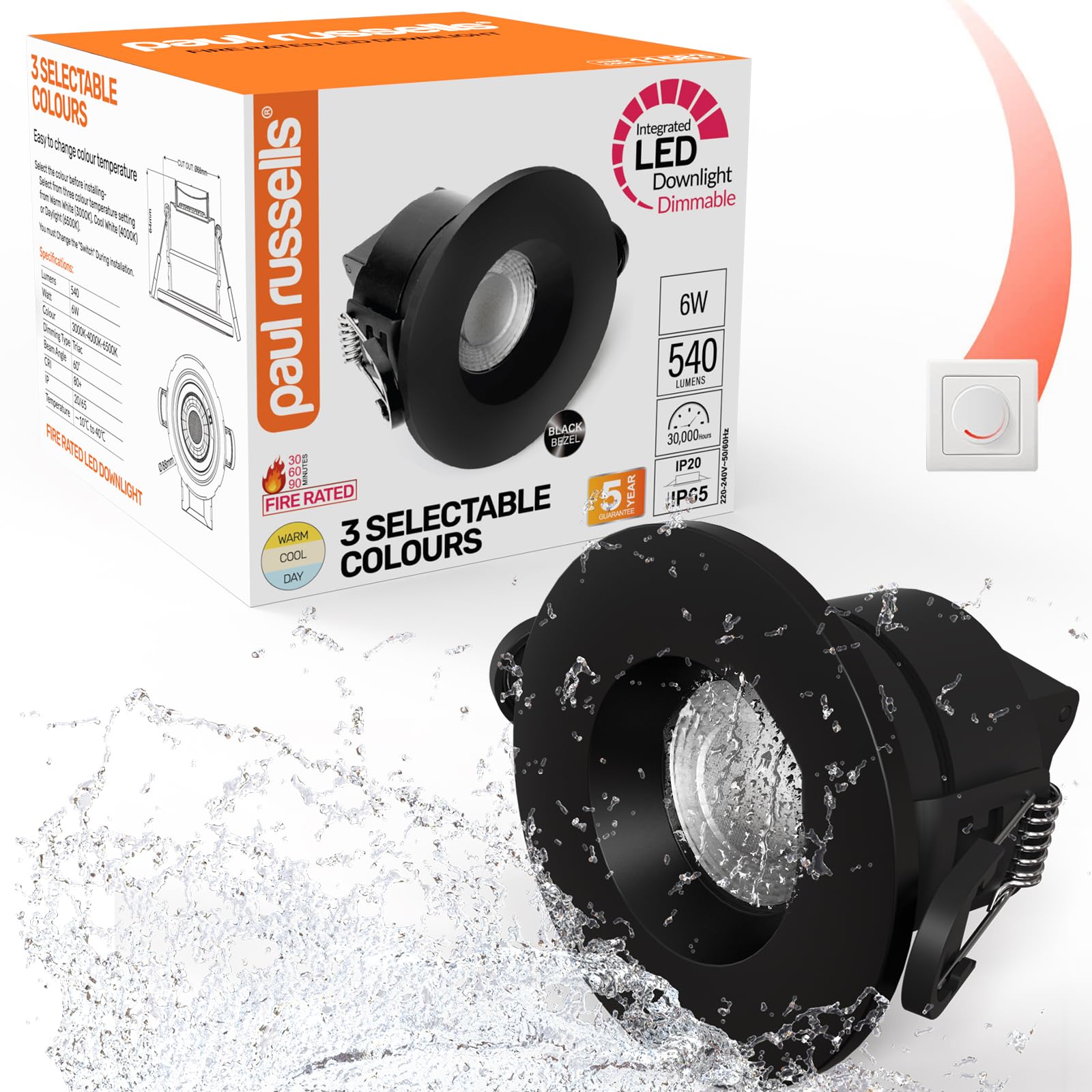 paul russells 6W LED Recessed Downlights, Dimmable Ceiling Lights with Adjustable 3CCT Warm Cool Daylight, IP65 Water, Dust & Fireproof Black Bezel Spotlight Bulbs for Bathroom, Kitchen, 1 Pack