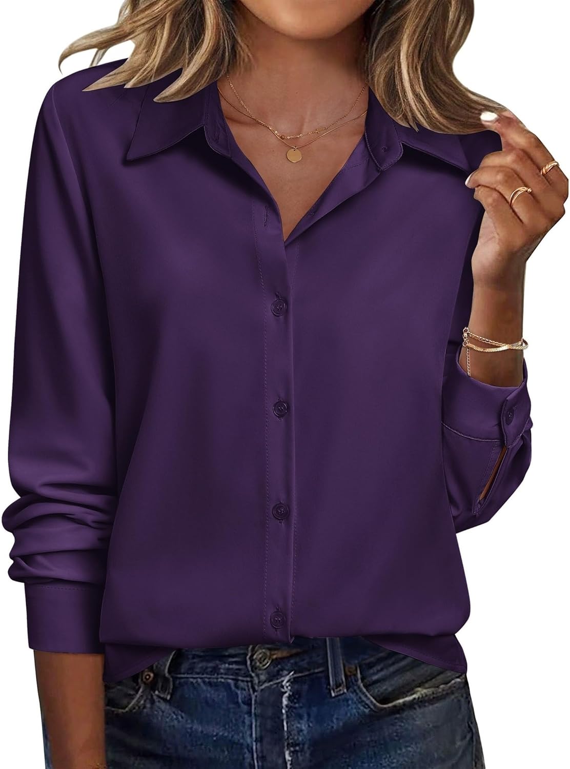 Zeagoo Blouse for Women Dressy Long Sleeve Button Down Shirts Business Casual Outfit Lightweight Solid/Printed Tops - Image 2