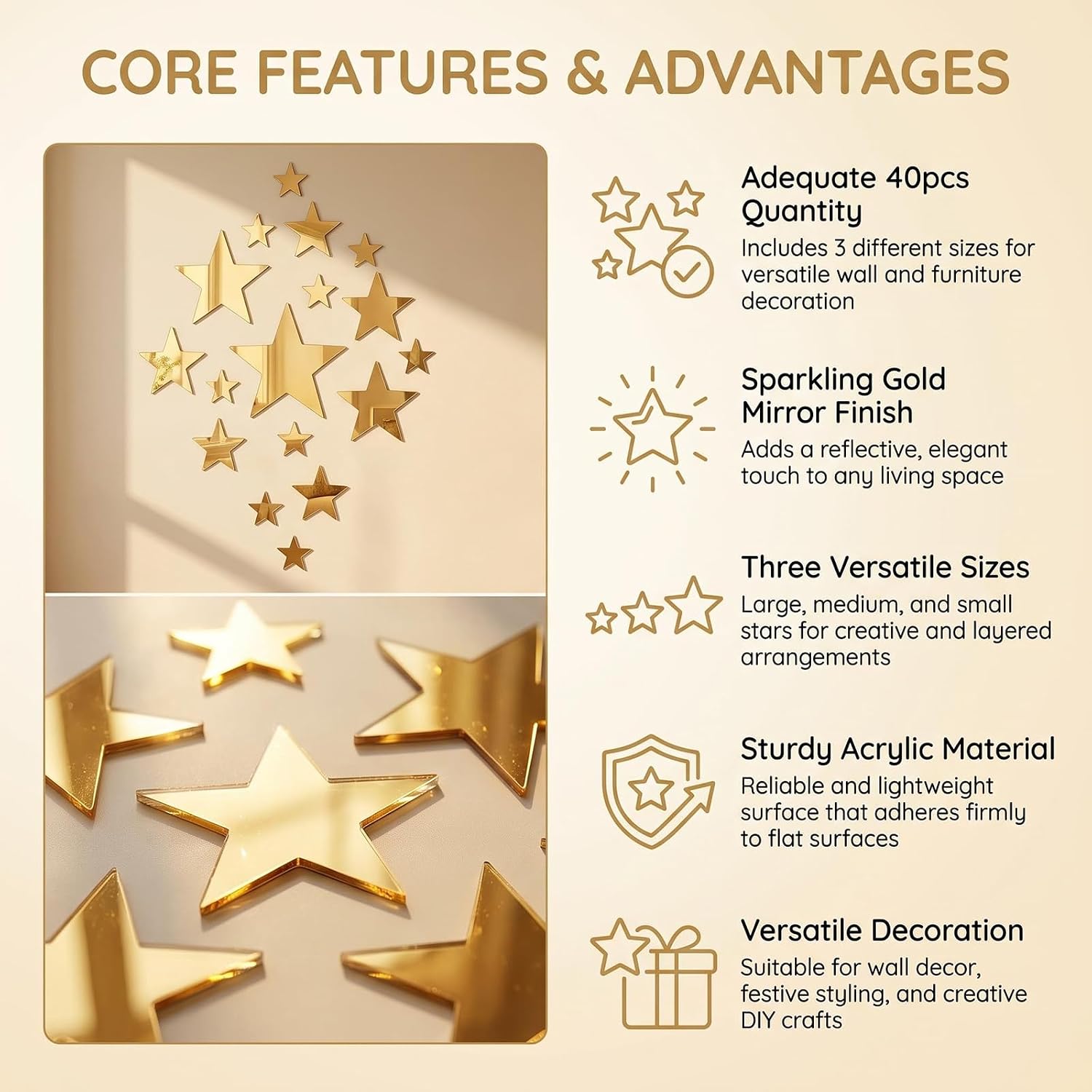 40 Pcs Gold Acrylic Mirror Star Wall Decals with 3 Sizes image 3