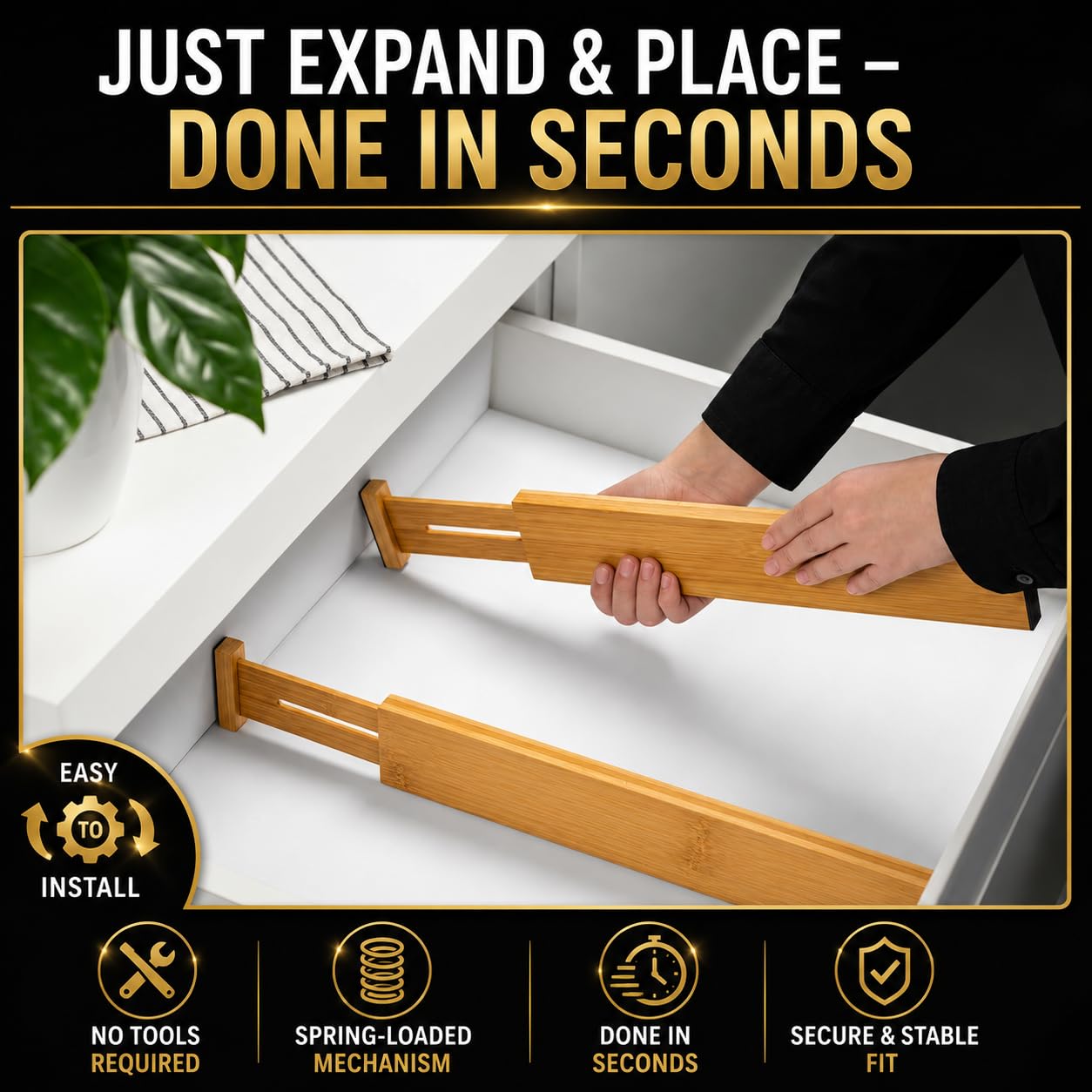 LUXVIOR Adjustable Bamboo Drawer Dividers Expandable 8 Pack 17-22 Organizer