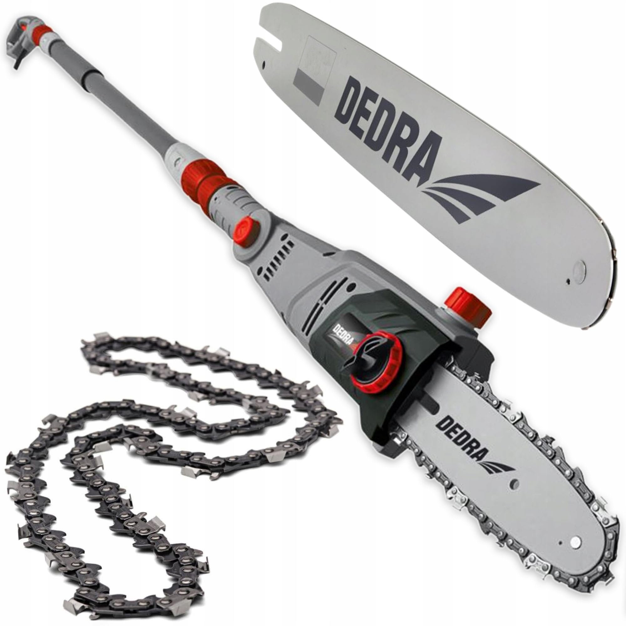 DEDRA Motosierra eléctrica DED8699 2,85 m con brazo telescópico, 750 W, 8", velocidad de cadena eficiente: 11 m/s, sistema sin herramientas para tensar la cadena, ángulo de cabeza ajustable +/-30°