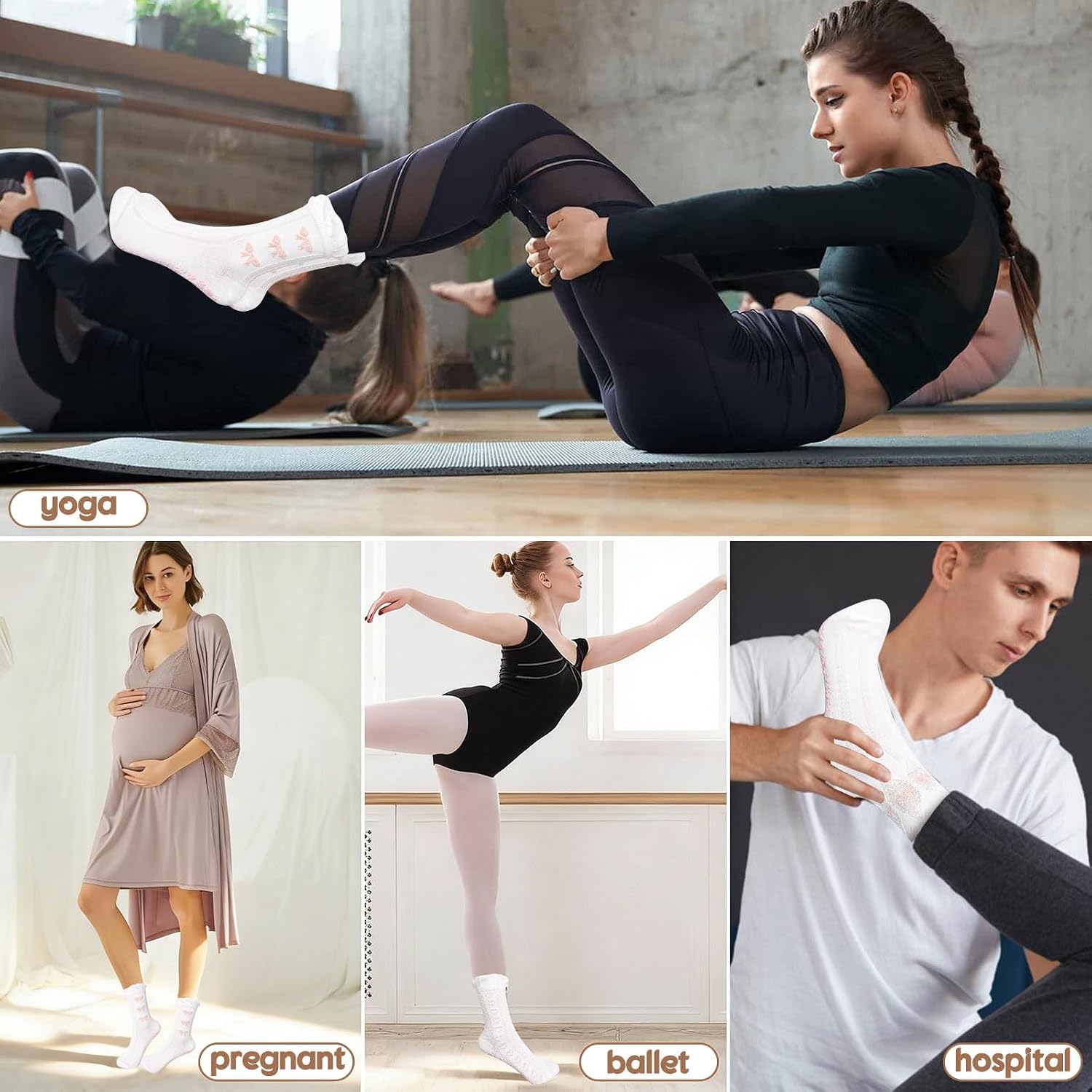 3 Pairs Cute Pilates Grip Socks for Women Ruffle Bow Non Slip Grip Socks Fits for Yoga, Barre, Barefoot
