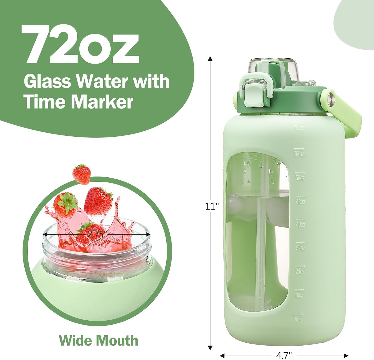 72oz Glass Water Bolttles, 3-in-1 Straw and Sip Spout Handle Lid, Half Gallon Water Bottle with Time Marker and Silicone Sleeve, BPA-Free Sports Water Bottle for Gym, School, Light Green