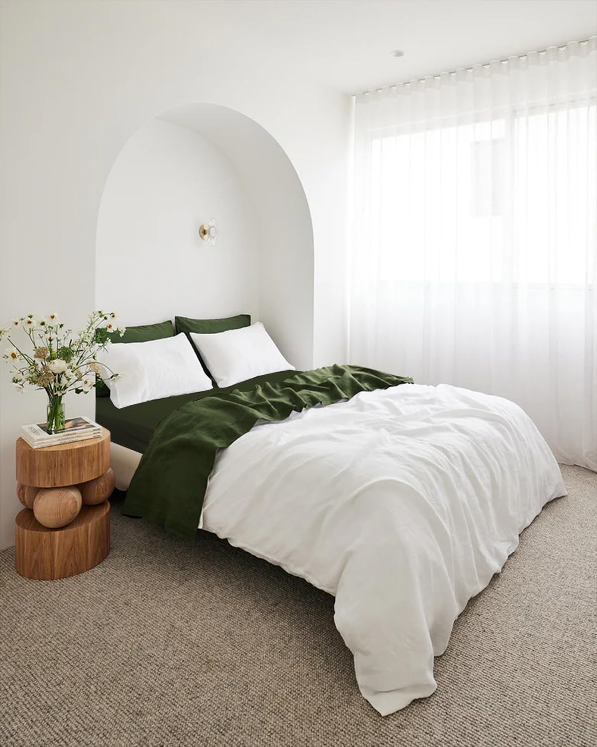 Bed Threads - Linen Fitted Sheet - 100% French Flax Linen - 170 GSM - Luxury & Eco-Friendly - Breathable, Durable & Soft - Single Fitted Sheet Only - Machine Washable - Cali King - Olive