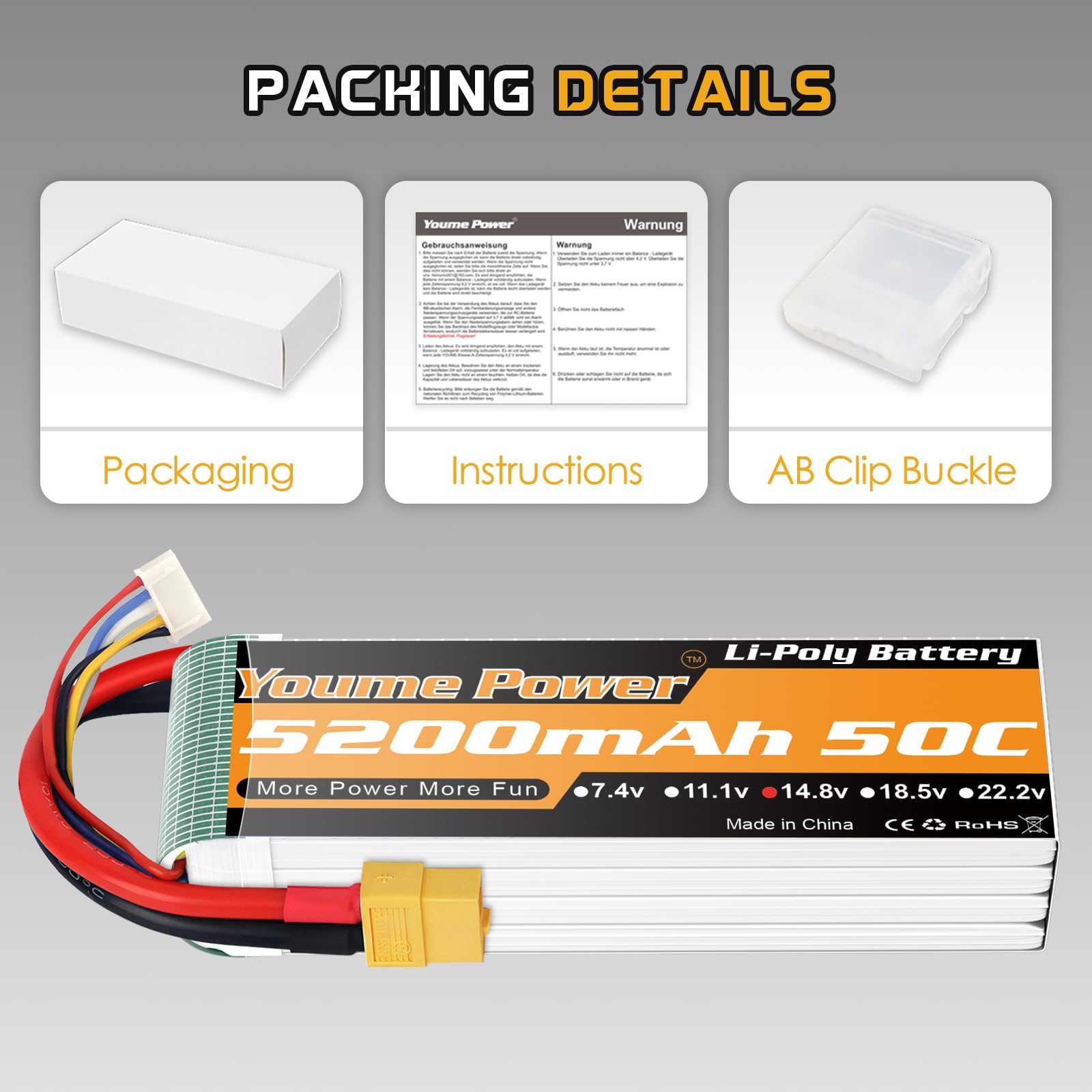 Youme Batería LiPo 4S 5200mAh 14.8V 50C XT60 p/RC Coche camión dron 2pcs