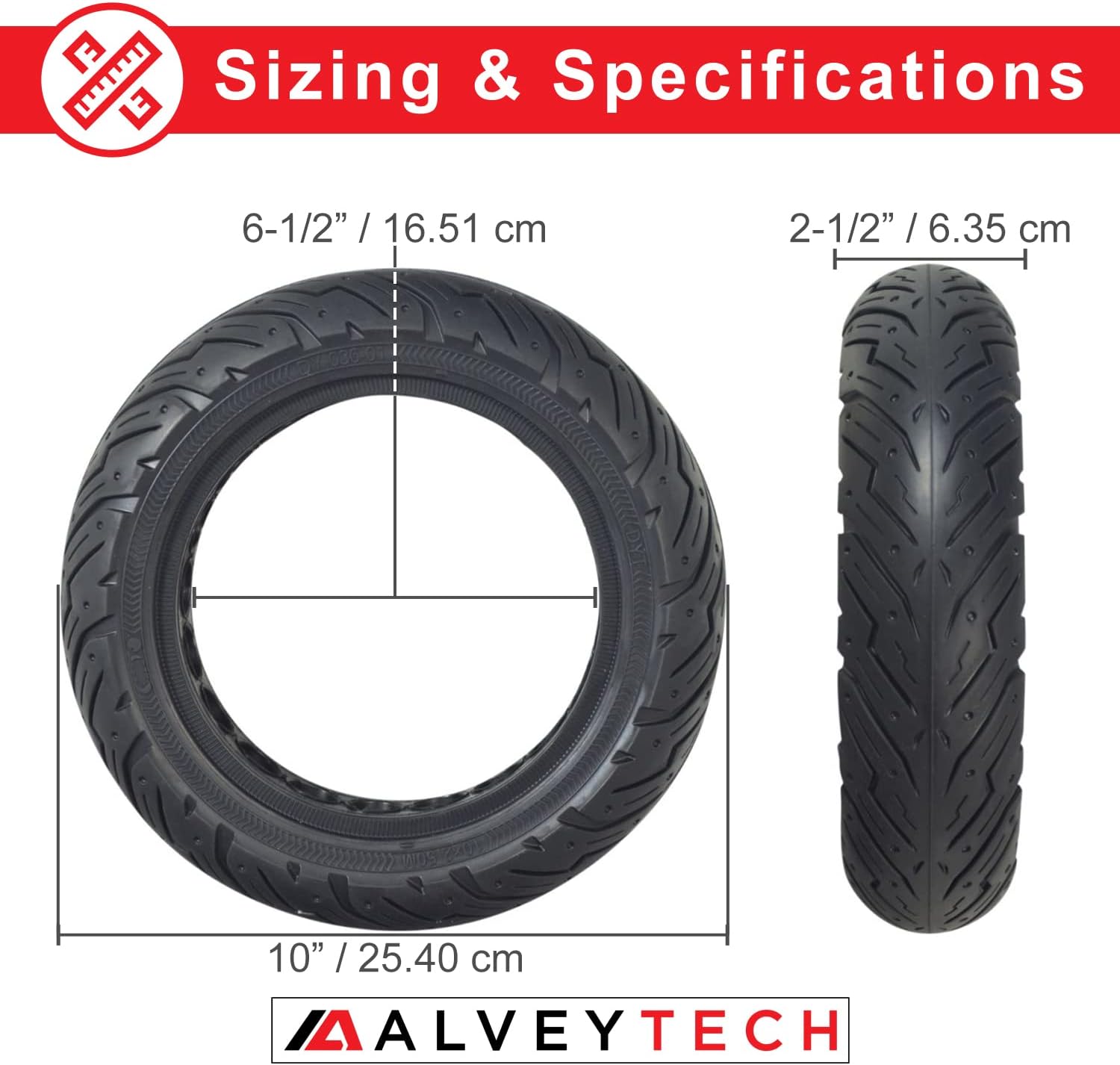 AlveyTech Solid Rubber 10" x 2.50" Honeycomb Tire - Fits The Ninebot by Segway MAX G30 Electric Scooter, Flat Free Solid Tire For Front or Rear Wheel Replacement with DY-036-01 Tread Pattern (1)
