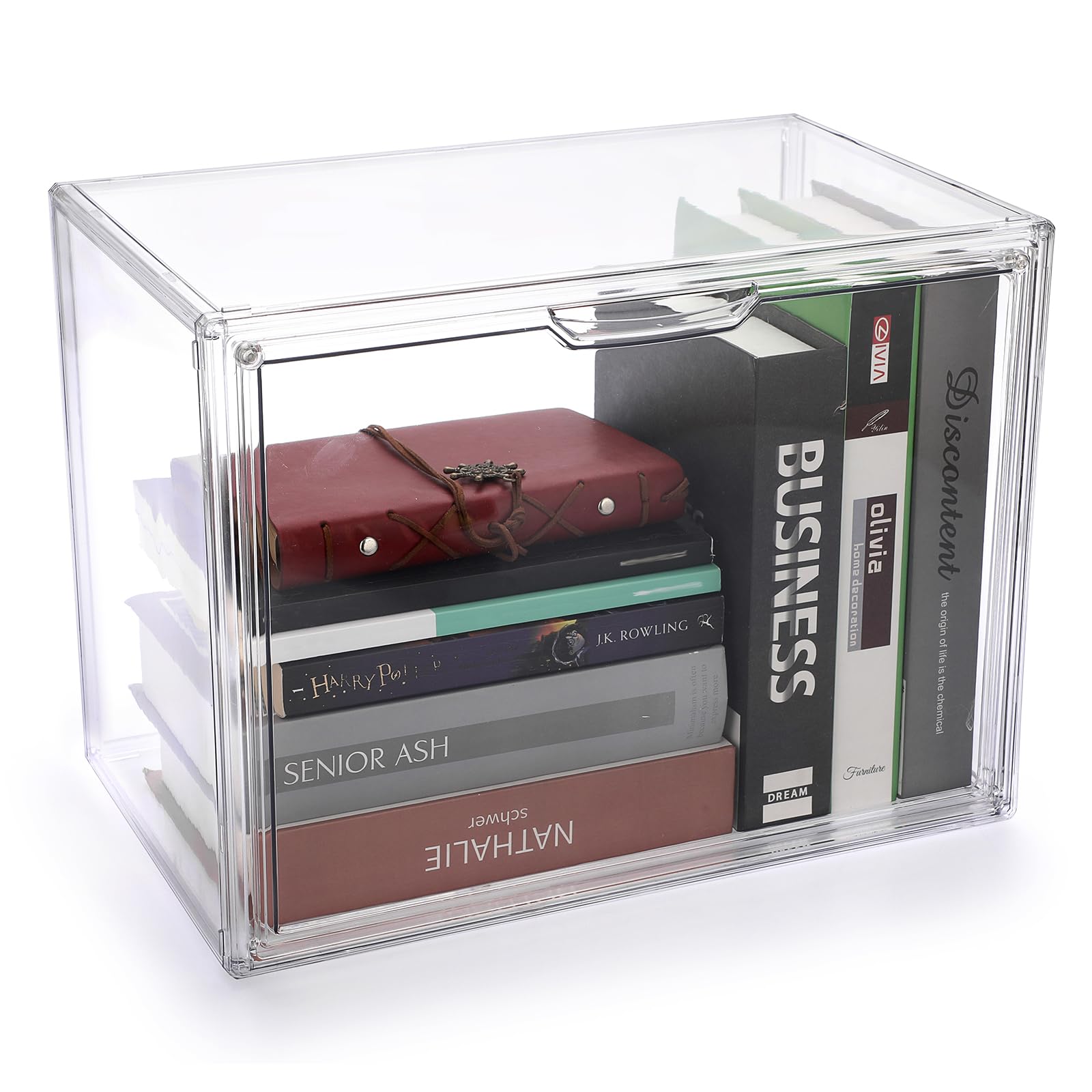 BTSKY 1 Pack Clear Display Case for Figures - Detachable Plastic Storage Box Organizer with Magnetic Door for Books, Handicrafts, Handbags, shoes, CDs, Magazines, Stackable Home Storage Case