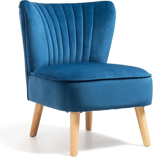 Miniatura 9 de KOMFOTT Silla decorativa de terciopelo, moderna silla de sofá sin brazos con patas de madera de goma maciza, silla de ocio con respaldo de ala con