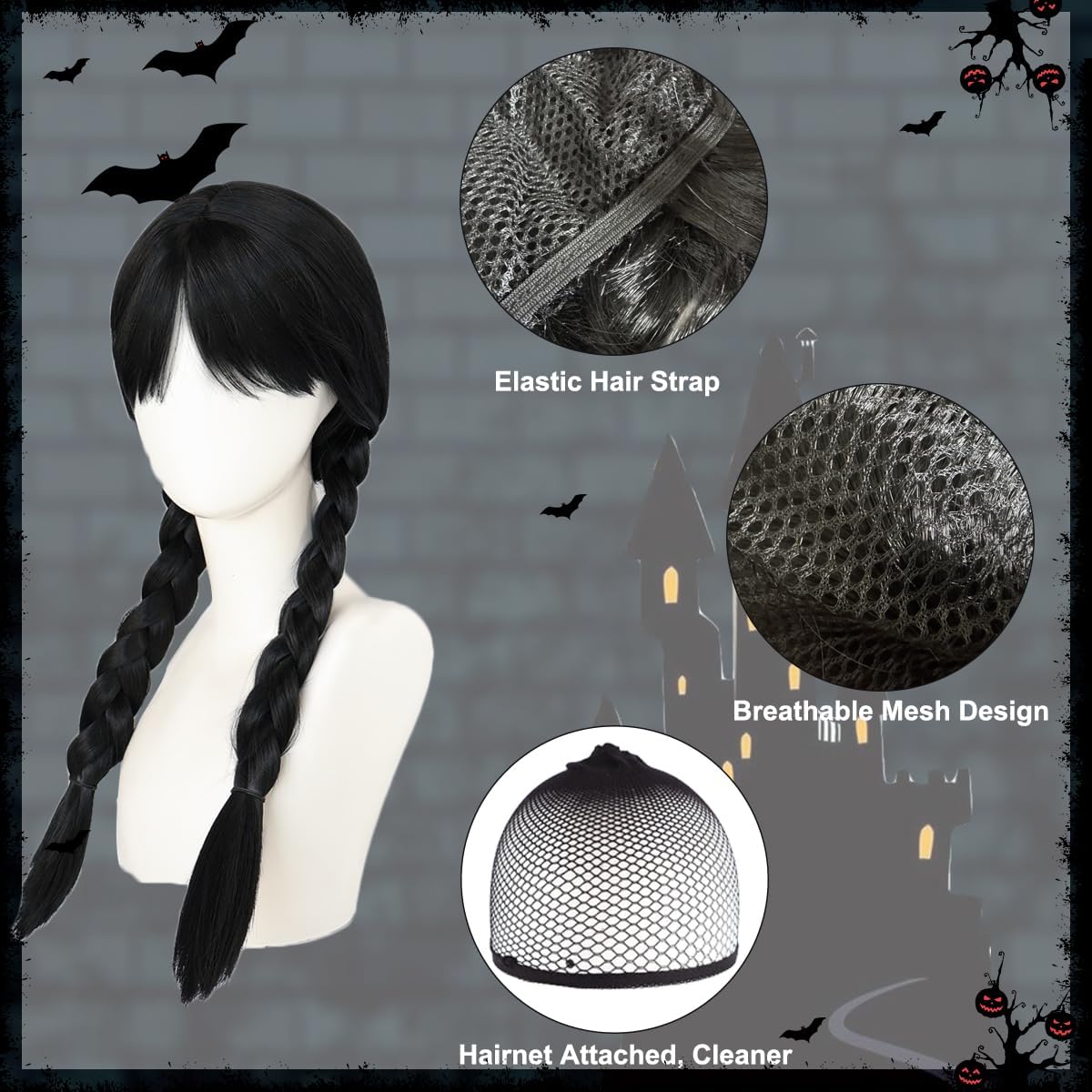 7PCS Halloween Costume for Girls Woman, 2025 Wednesday Wig Black Gothic Cosplay Accessories with Necklace Mask Earrings Bag Socks - Image 3