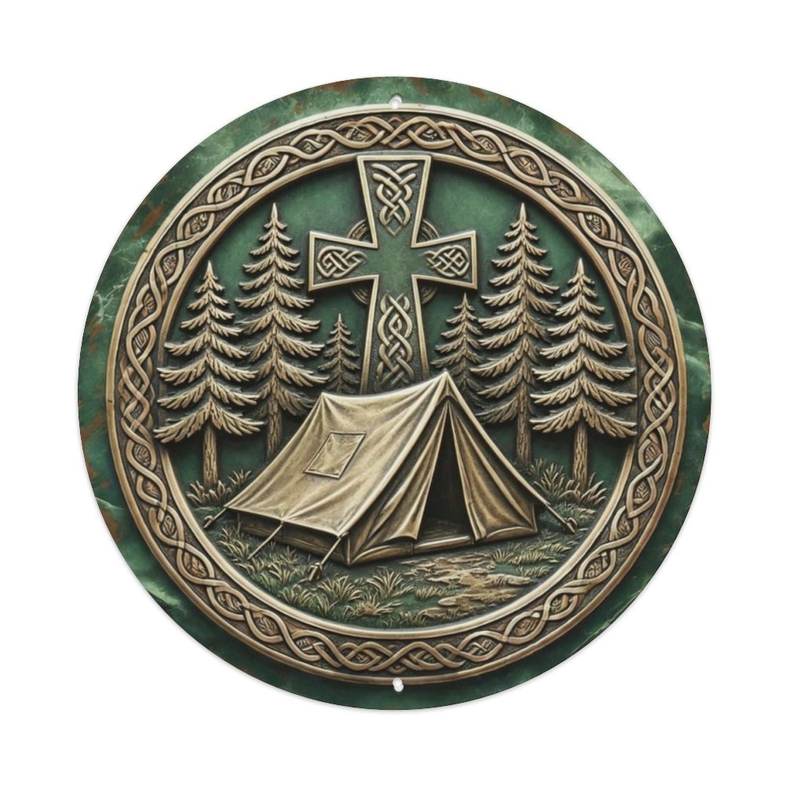 Camping Tent Under Pine Trees Outdoor Metal Tin Sign Plaque