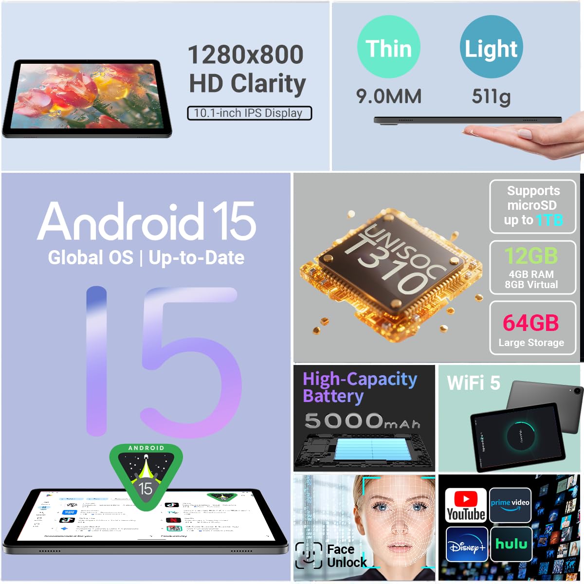 Android 15 10 inch Tablet 12GB RAM 64GB ROM 1TB Expandable - Dettaglio