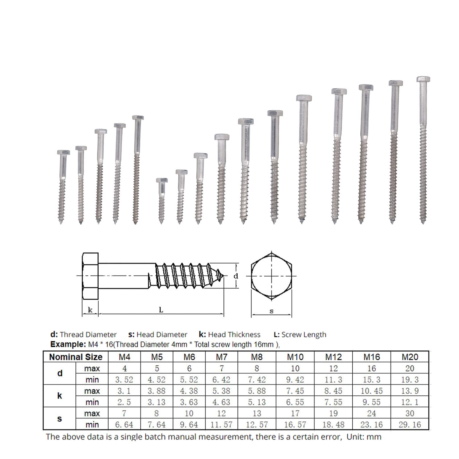 Boulons tire-fond vis tire-fond hexagonales M6 M8 vis tire-fond pour bois 304 acier inoxydable demi-filet boulon bois autotaraudeur bois tire-fond 50-150mm(M8*140MM)