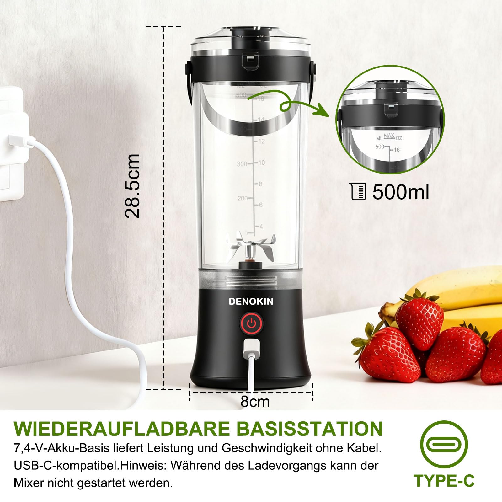 DENOKIN Tragbarer Mixer mit Trinkdeckel, 500ml, Mini Standmixer für Unterwegs, Wiederaufladbar mit USB-C, Kabellos Smoothie Maker to Go für Smoothies, Shakes, Schwarz