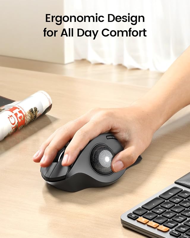 ProtoArc EM01 NL Trackball Egér - Állítható Szögű, Hüvelykujj Vezérlésű, Vezeték Nélküli, 3 Csatlakozási Mód, 5 DPI Szint, Újratölthető, Fek