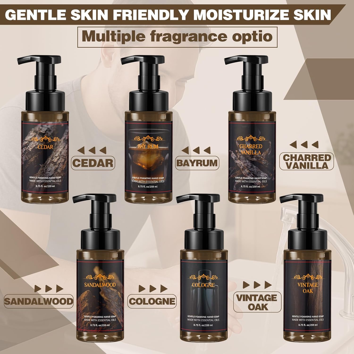 6 Pack Men's Foaming Hand Soap with Pump Care Moisturizing Liquid Gentle Foam Hand Wash Cedar, Sandalwood, Bay Rum, Cologne, Charred Vanilla, Vintage Oak for Kitchen or Bathroom