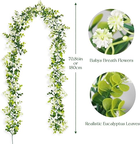Miniatura 7 de Guirnalda de eucalipto con flores de 6 pies, paquete de 4 guirnaldas colgantes de eucalipto sintético para mesa, boda, telón de fondo, arco, pared,