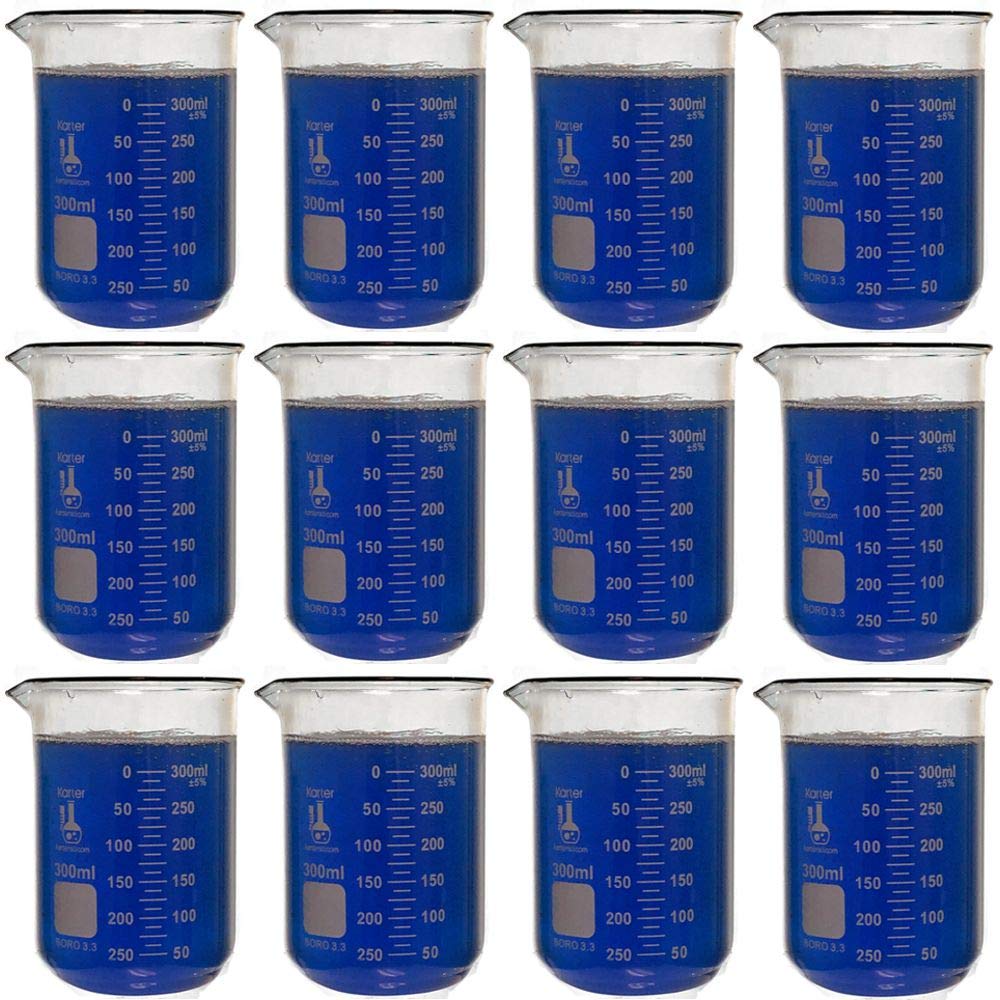 300ml Beaker, Low Form Griffin, Borosilicate 3.3 Glass, Double Scale, Graduated, Karter Scientific (Pack of 12)