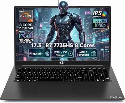 NIMO 17.3" Gaming Laptop, AMD Ryzen 7 7735HS 8 Cores, 32GB DDR5 1TB SSD, Windows 11, FHD IPS 180 View, Fingerprint, Backlit Keyboard, 100W Fast Charging, WiFi 6E Computer, for Business & Student