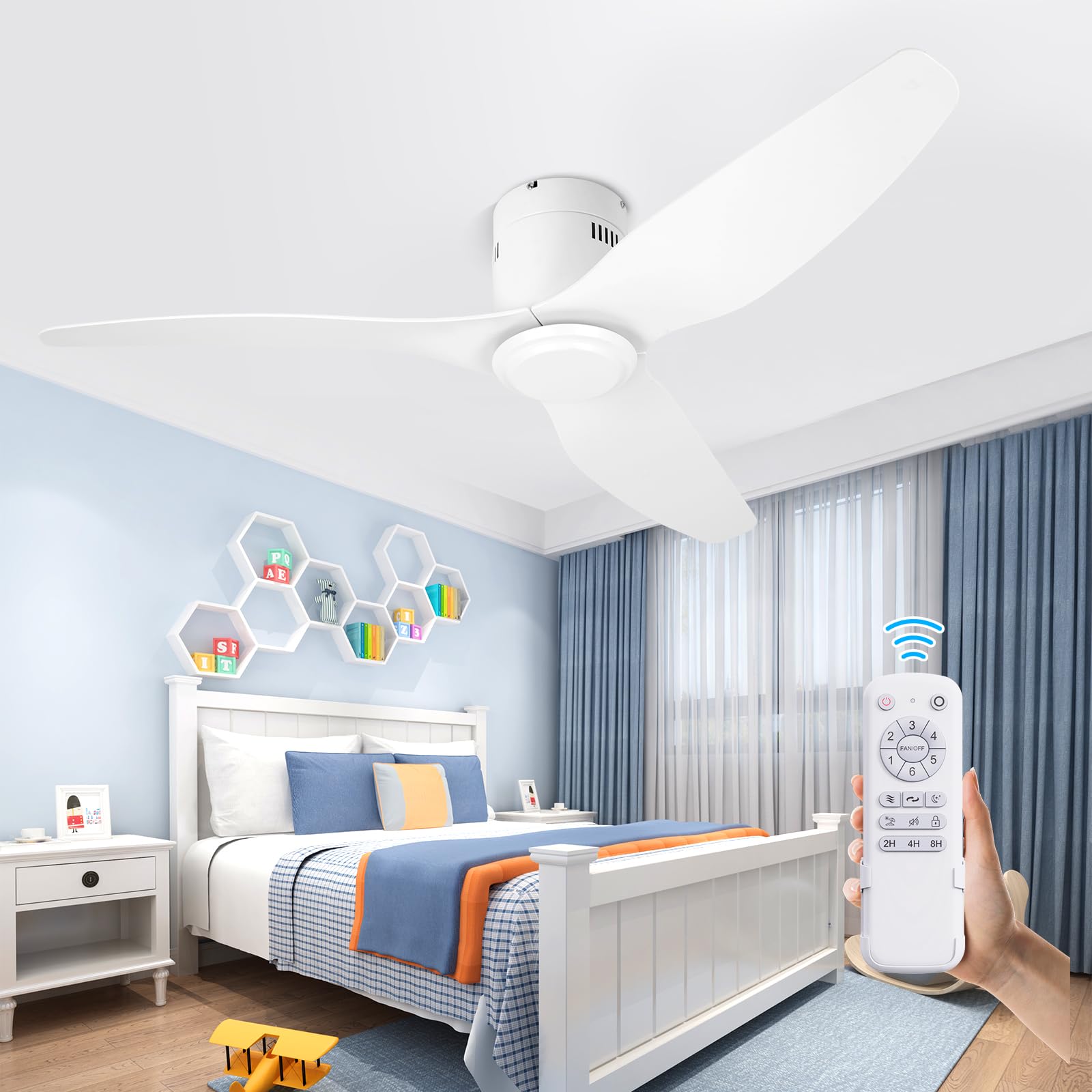 White Ceiling Fan No Light Remote 6Speed Reversible DC Motor 30dB Silent Operation Memory Function 2/4/8H Timer Flush Mount Holiday Mode Modern 3Blade Plastic Fan Indoor bedroom outdoor