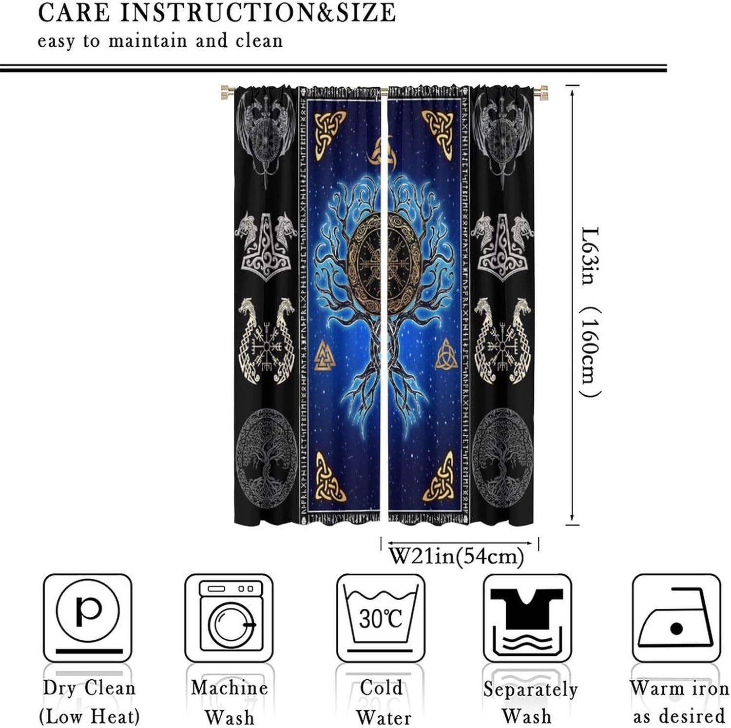 Brebasf Rustic Norse Viking Dragon Curtains-Fantasy Retro Tree of Life Nordic Vikings Ancient Symbols Print Window Drapes Darkening Blackout Thermal Insulated Rod Pocket Curtains 2 Panels 63"L x 21"W
