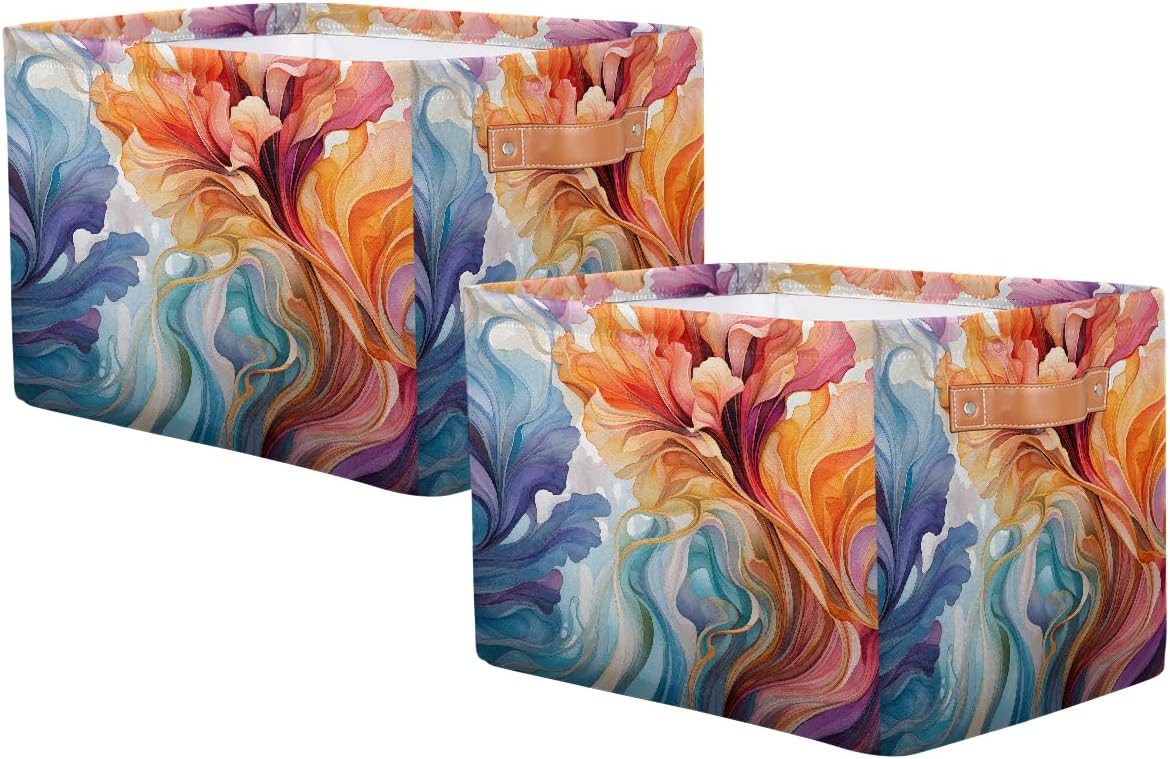 Colorful Flower Abstract Floral Storage Baskets for Organizing, Fabric Collapsible Storage Bins Box Decorative Toy Organizer Baskets for Closet Shelves Gift Basket 2 Pcs image 2