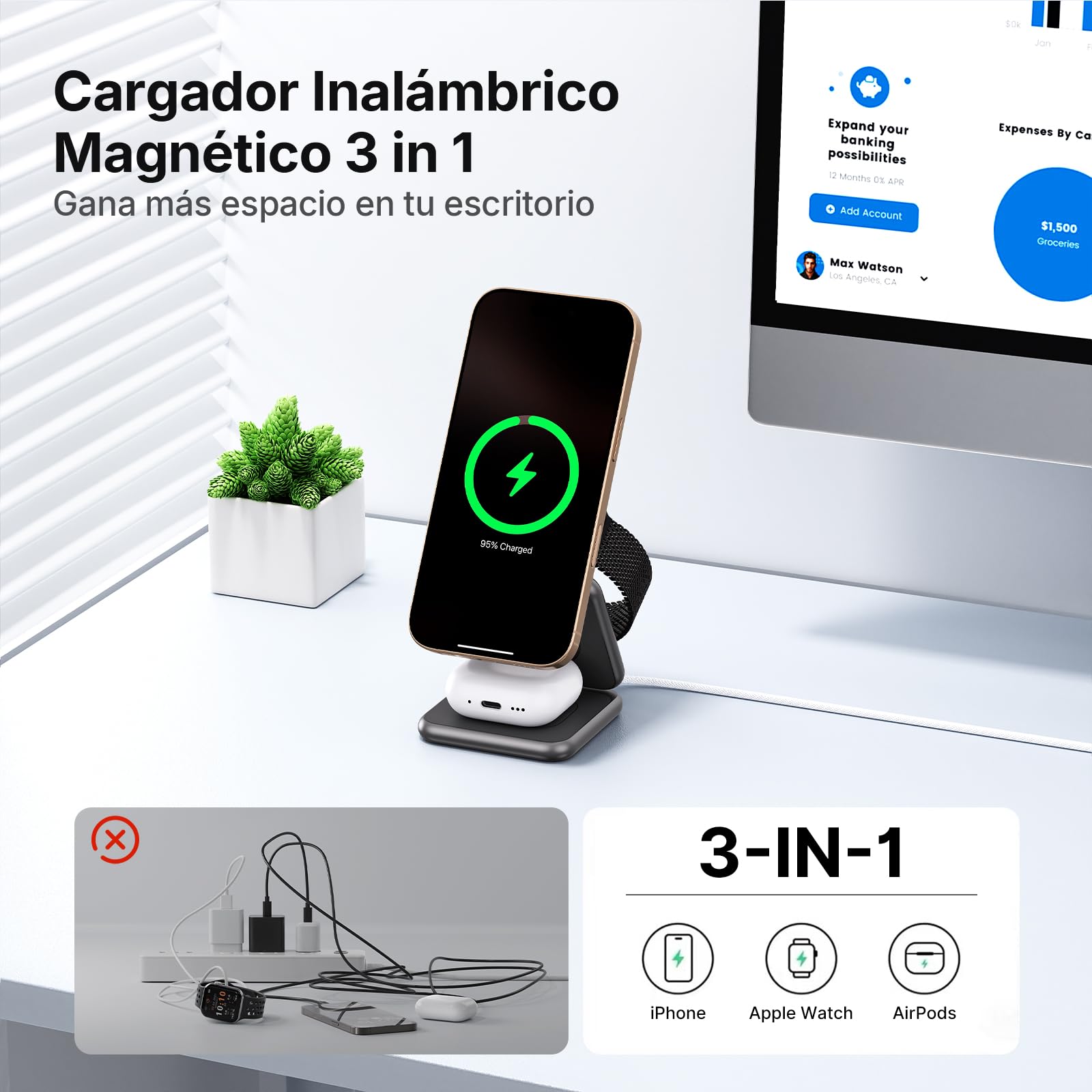 Cargador Inalambrico, Plegable 3 en 1 Base Cargador para iPhone y Apple Watch, Compatible con iPhone 17/16/15/14/13/12 Series, Apple Watch 10/9/8/7/6/SE/5/4, para AirPods 2/3/4/Pro