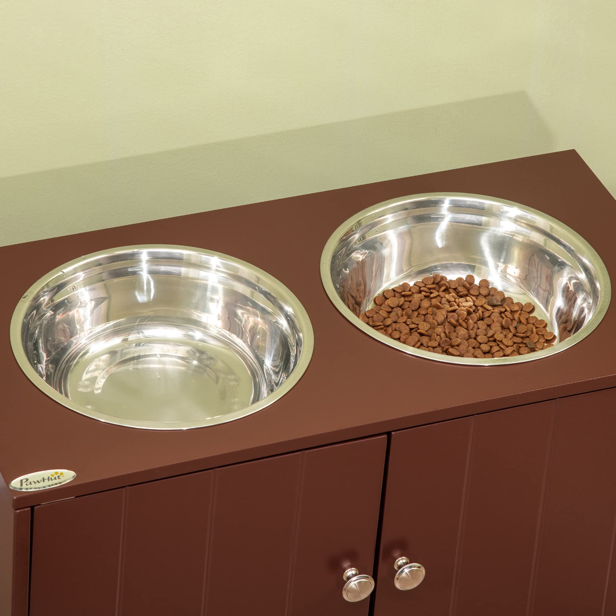 Large Elevated Dog Bowls with Storage Cabinet Containing Large 44L Capacity, Raised Dog Bowl Stand Pet Food Bowl Dog Feeding Station, Brown
