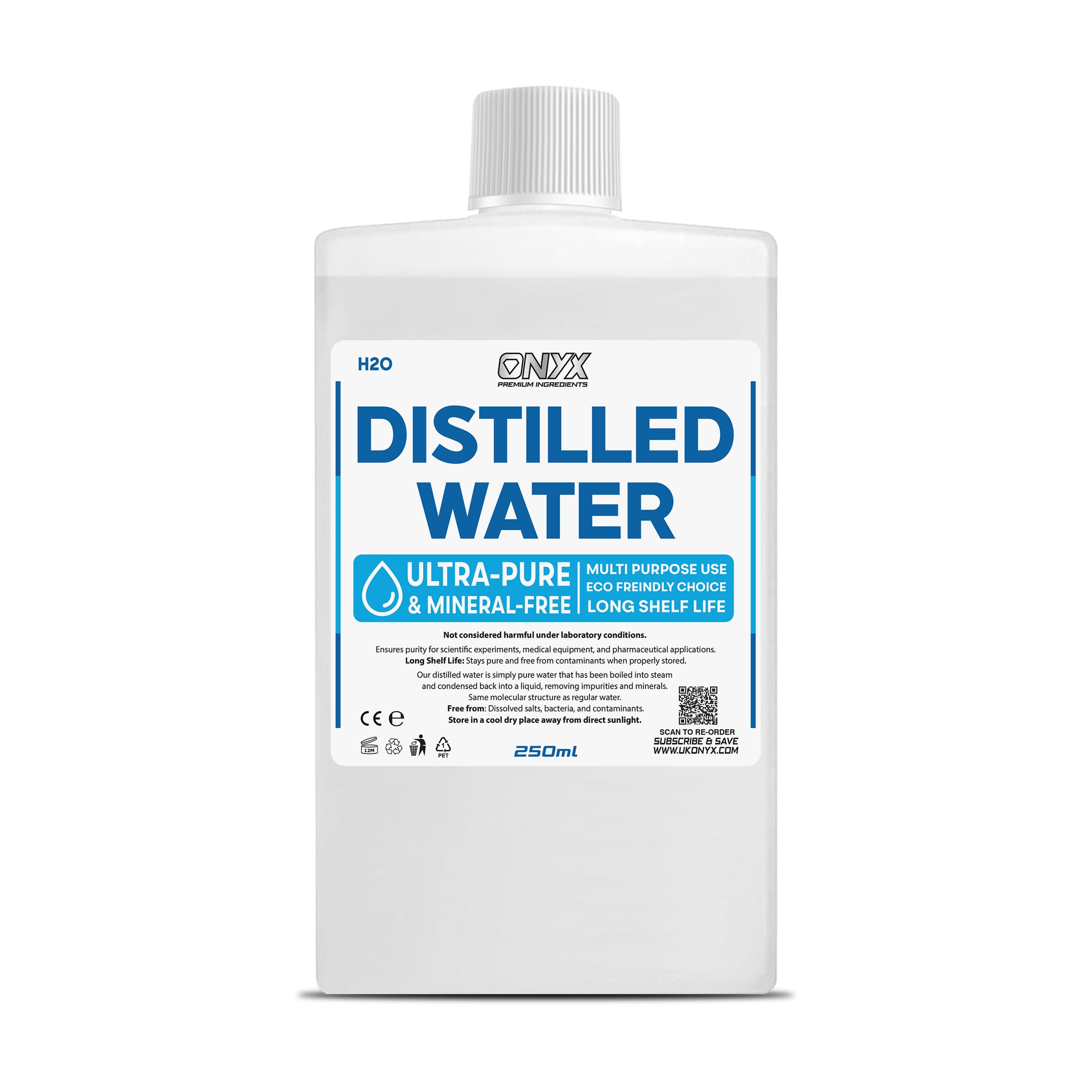 ONYX Distilled Water 250ml - 100% Ultra Pure Water - For Labs, Irons, Humidifiers, Cleaning, Engines and more - Distilled in UK (0.25l)