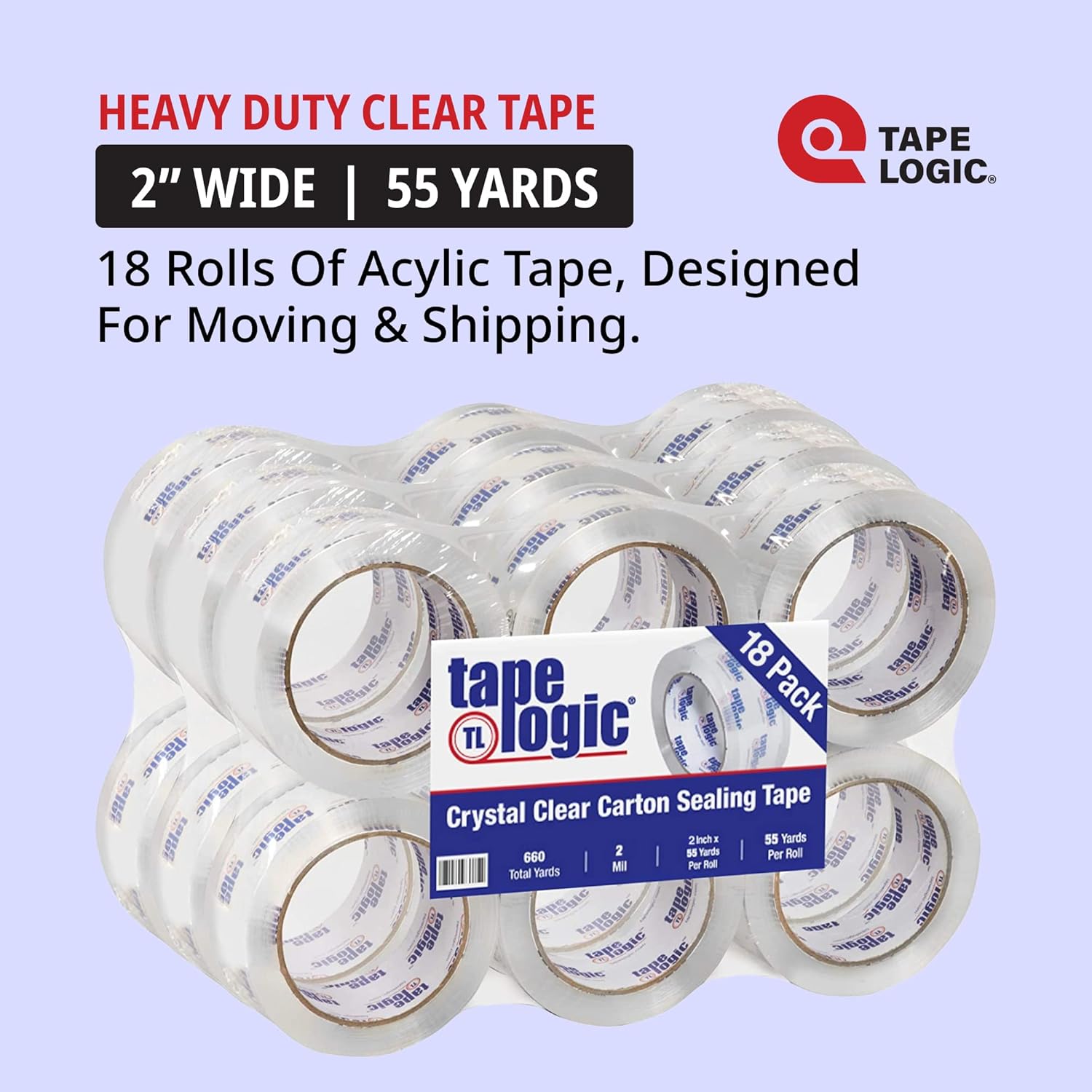 Tape Logic Heavy Duty Packing Tape 2 inch x 55 Yds, 2.0 Mil - 18 Rolls | Acrylic Clear Packaging Tape for Shipping Boxes, Moving, Home or Office Use.