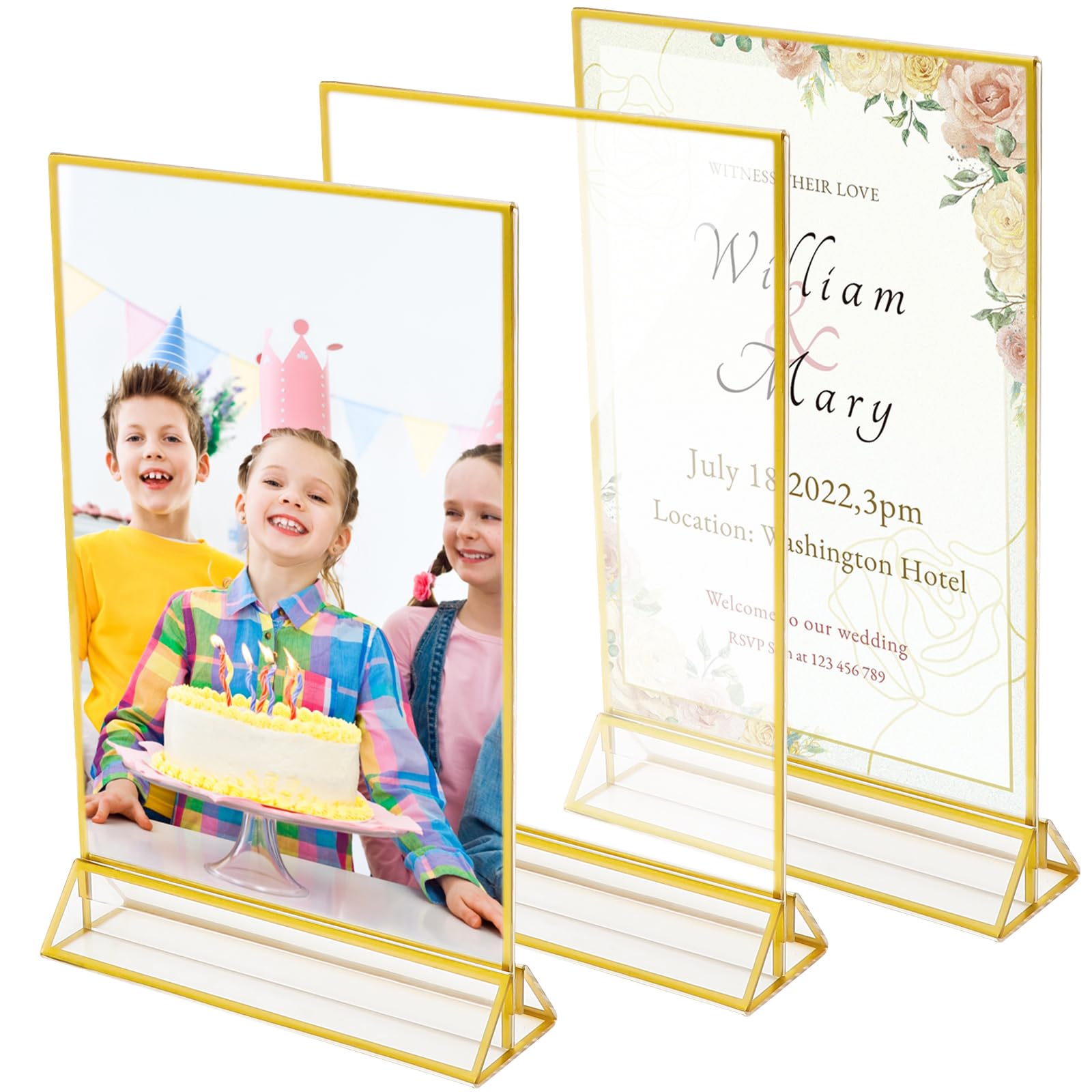 VOSSOT A5 Acryl Gold Bilderrahmen 3-Pack, Tischkartenhalter A5, Acryl Bilderrahmen für Restaurant-Menükartenhalter, Hochzeit Tischnummern, Willkommensschild Hochzeit, Fotos-Anzeige Etc