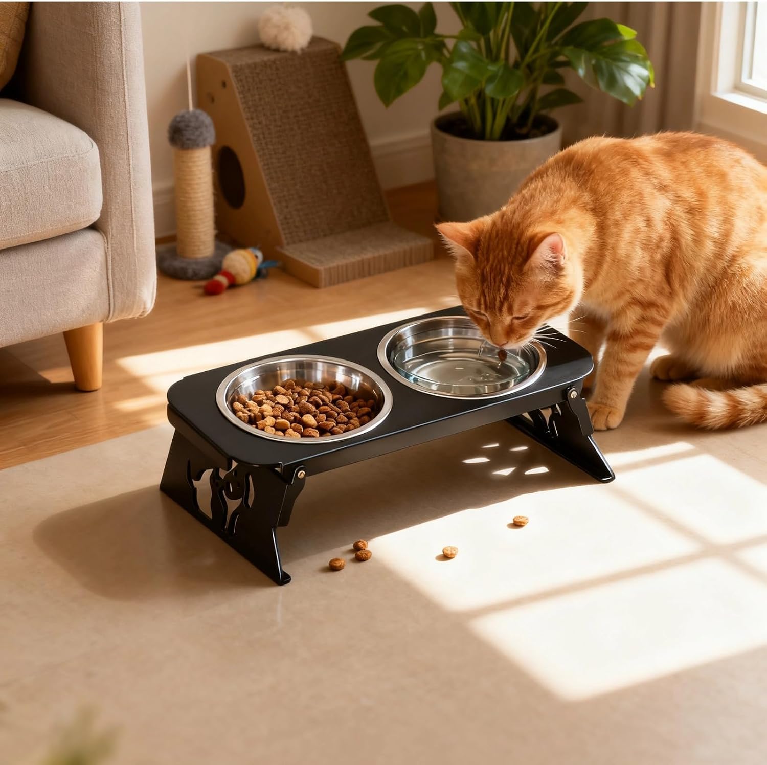 Gamelles surélevées for Chat, Doubles gamelles Pliables avec Plats de Nourriture et d'eau inclinés à 10° en Acier Inoxydable, Support en Acier au Carbone