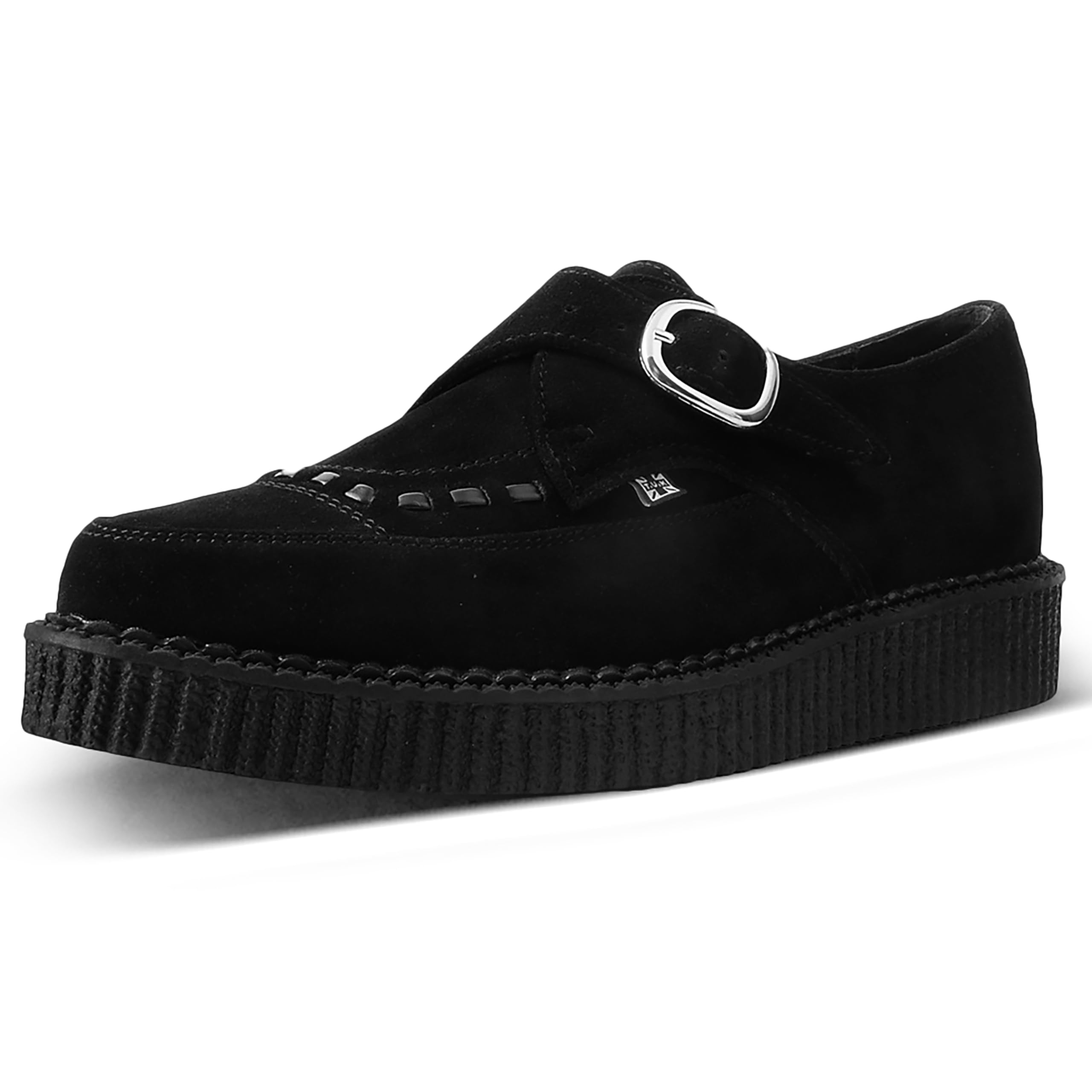 T.U.K. Black Suede Pointed Buckle Creepers for Men & Women, Low Platform Shoes