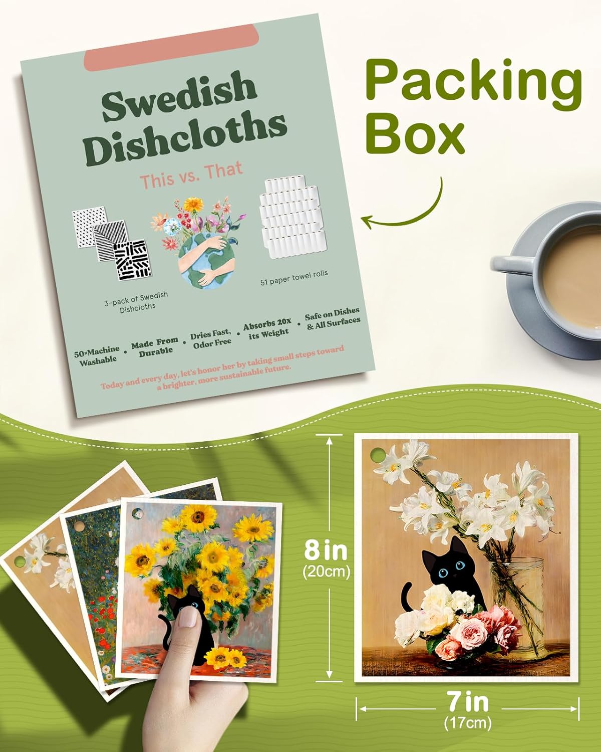 6 Pack Swedish Dishcloths for Kitchen - Reusable Dish Cloths for Washing Dishes Absorbent Cute Funny Kitchen Towels Cleaning Sponge, Floral Cat - Image 2