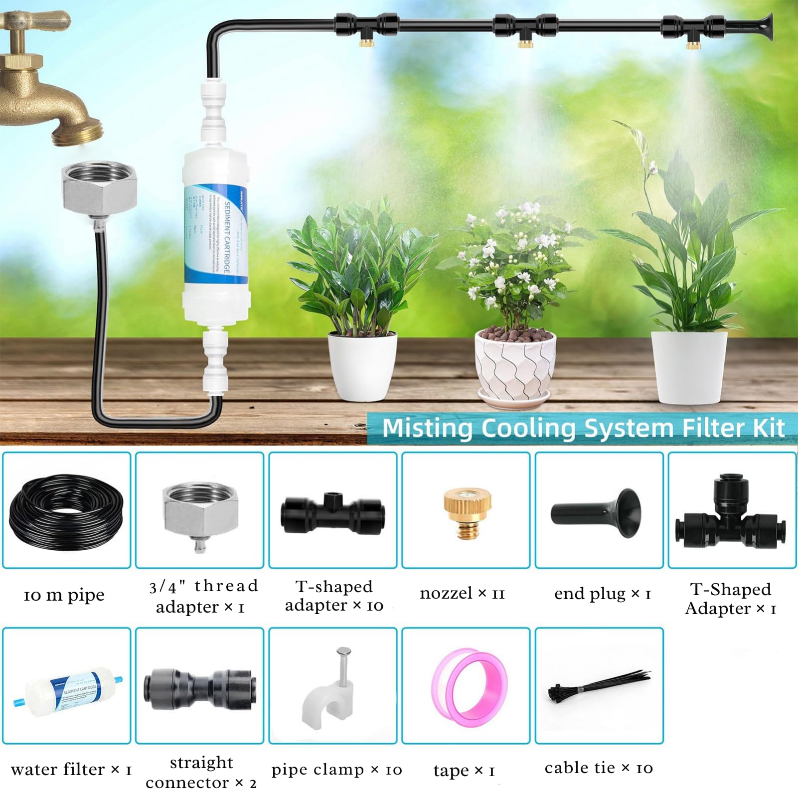 Sprühnebel Terrasse für Den Außenbereich, Sprühnebel Kühlung mit Wasserfilter, Outdoor Misting System, Wasservernebler Terrasse für Garten Rasen, Sprühnebelanlage zum Kühlen von Außengewächshaus (18M)