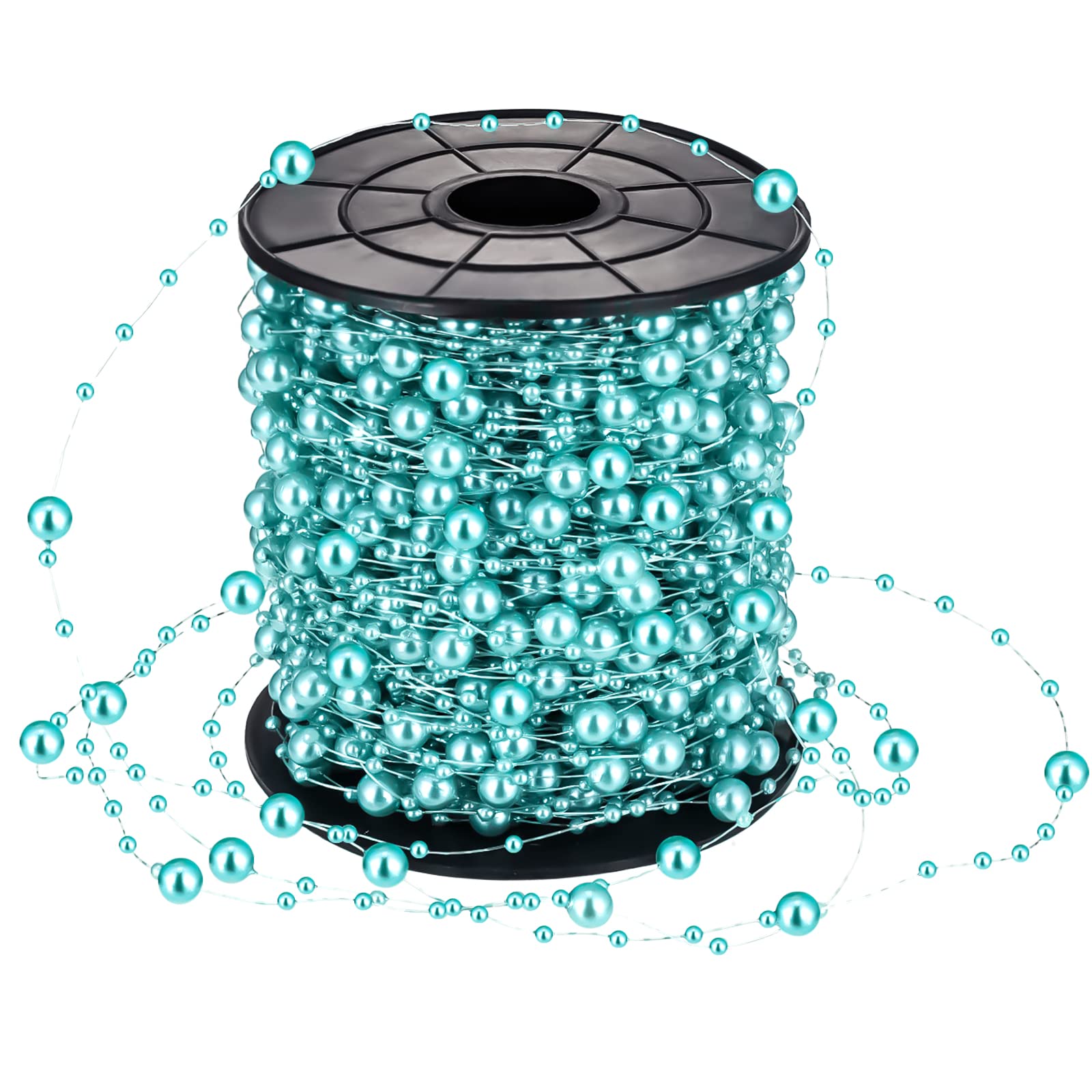 200 Feet Teal Blue Pearl Beads Garland Chain Christmas Artificial Pearl Strands Bead Decor Round Shiny Beads String Garland for Christmas Tree Party Decor Teal Wedding Bridal Bouquet Craft DIY