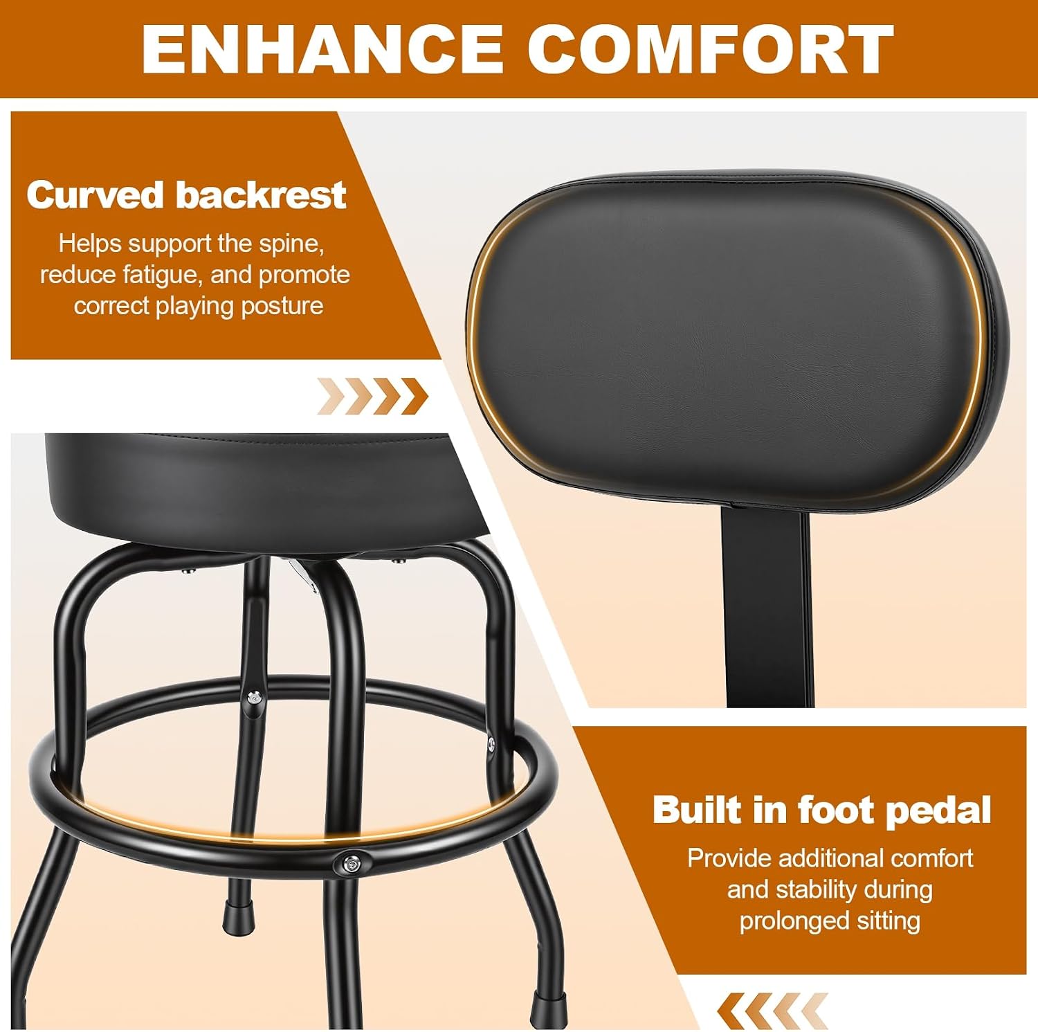 Guitar Stool with Back Support 360° Swivel Bar Stool Guitar Chair with Backrest, Padded Cushion and Footrest for Electric, Acoustic Guitars & Bass Black