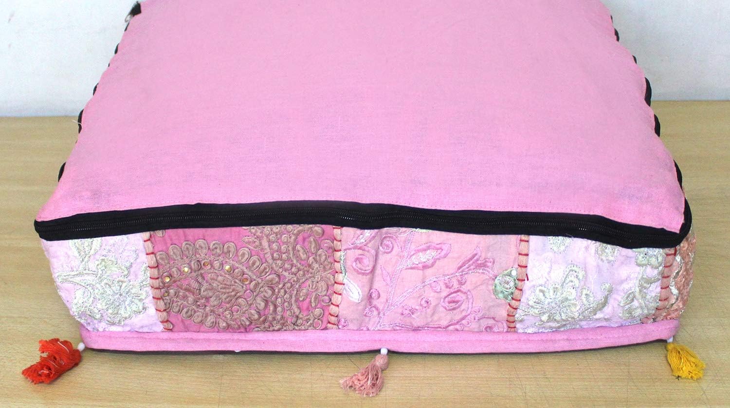 CRAFT KALA Indian Square Patchwork Traditional Pouf Cover Indian Living Room Poufs Decorative Embroidered Designer Ottoman Home Living Footstool Chair Cover Decor Pillow Cover 22x22x5 inches Baby Pink