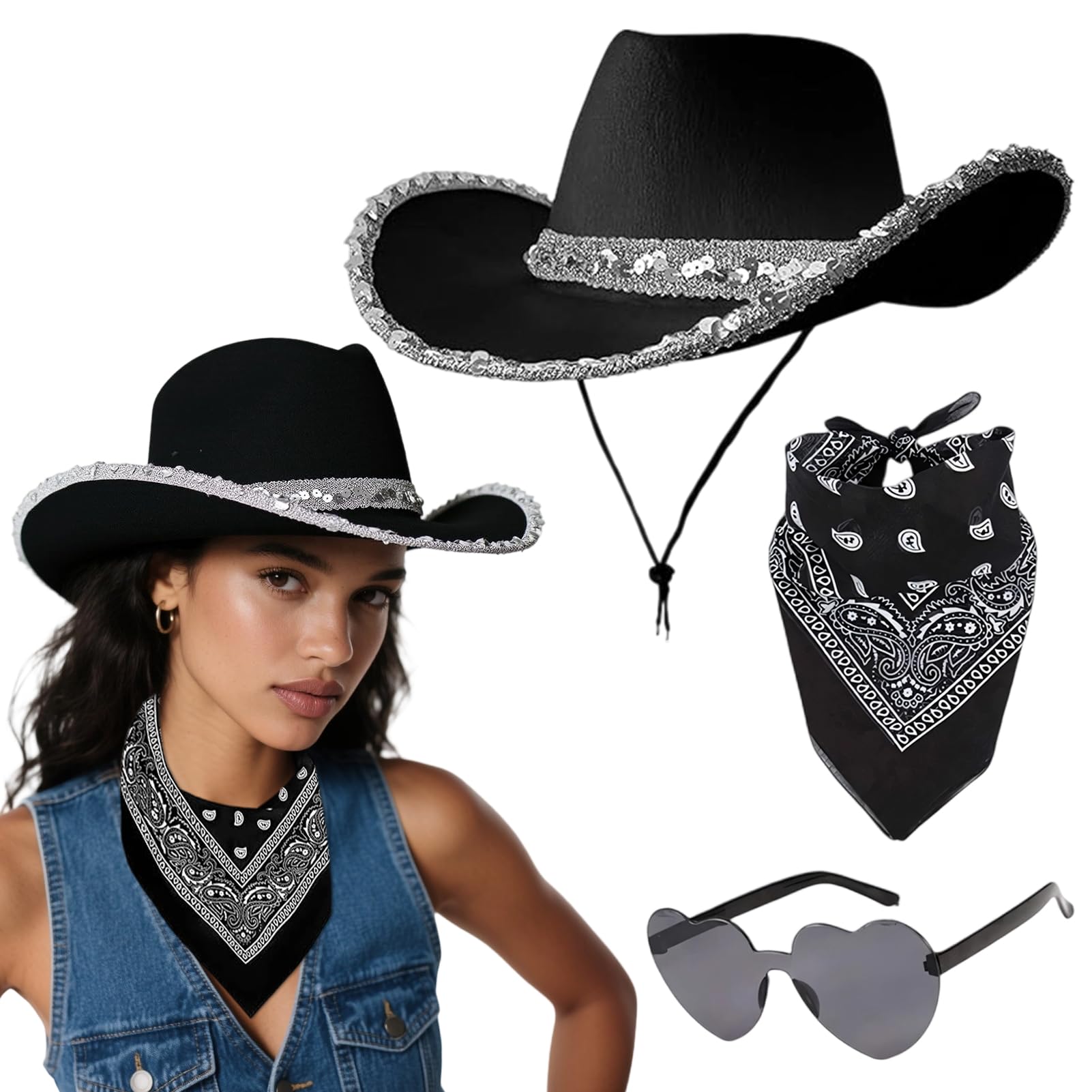Meriviva Cowboy Hat Women, 3Pcs Western Cowgirl Hat Set with Bandanna Glasses, Cowgirl Costume Accessories for West Fancy Dress Party (Black B (3 piece set))